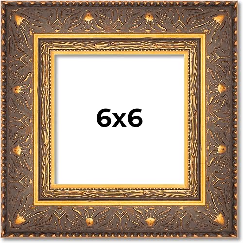 Marco vintage de madera maciza dorada de 6 x 6 pulgadas, ancho de moldeo de 2.5 pulgadas, marco de fotos de museo de bronce adornado completo con