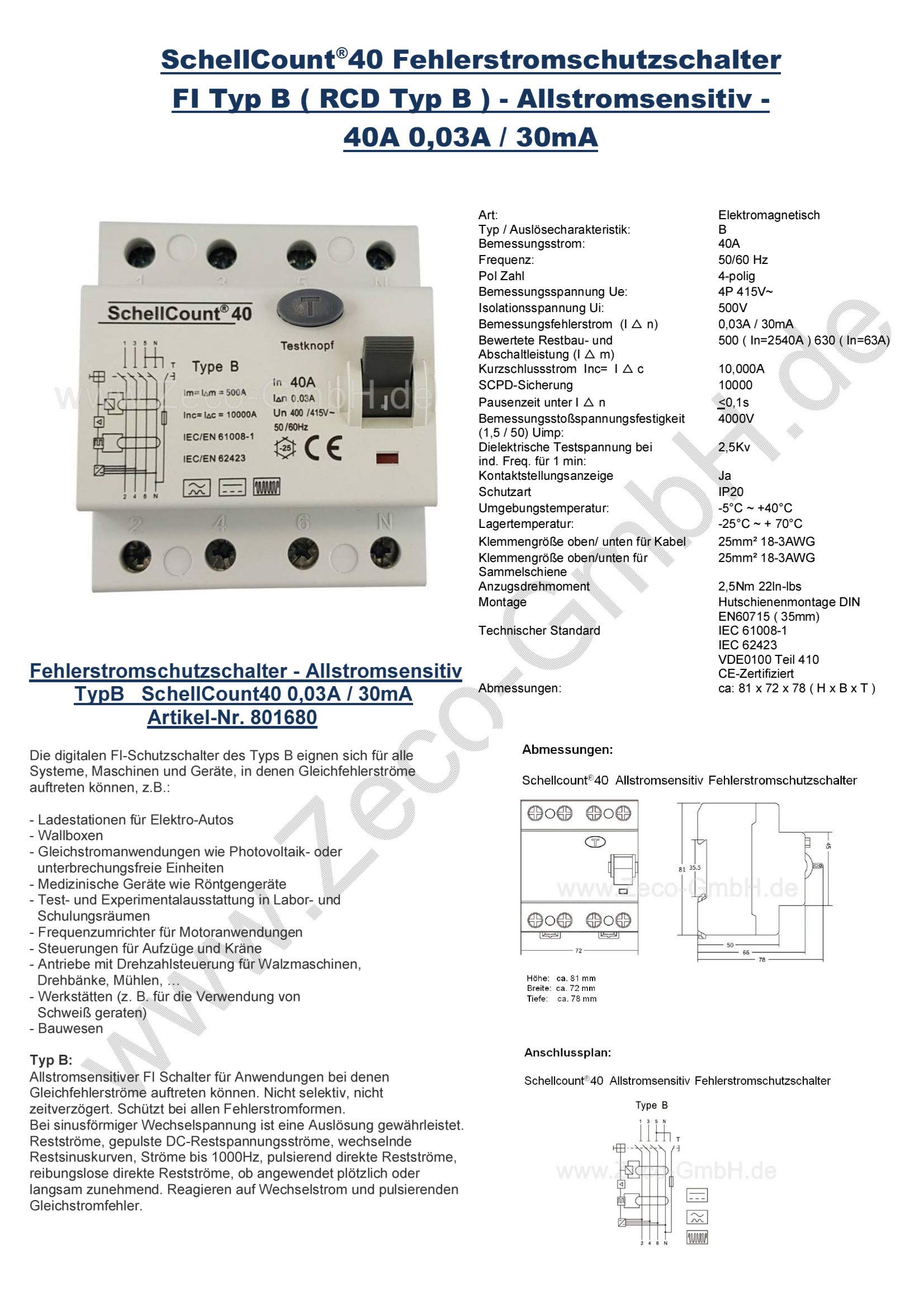 Allstromsensitiv Fehlerstromschutzschalter RCCB 40A 4-pol.Typ B Ladegerät Elektroauto Wallbox