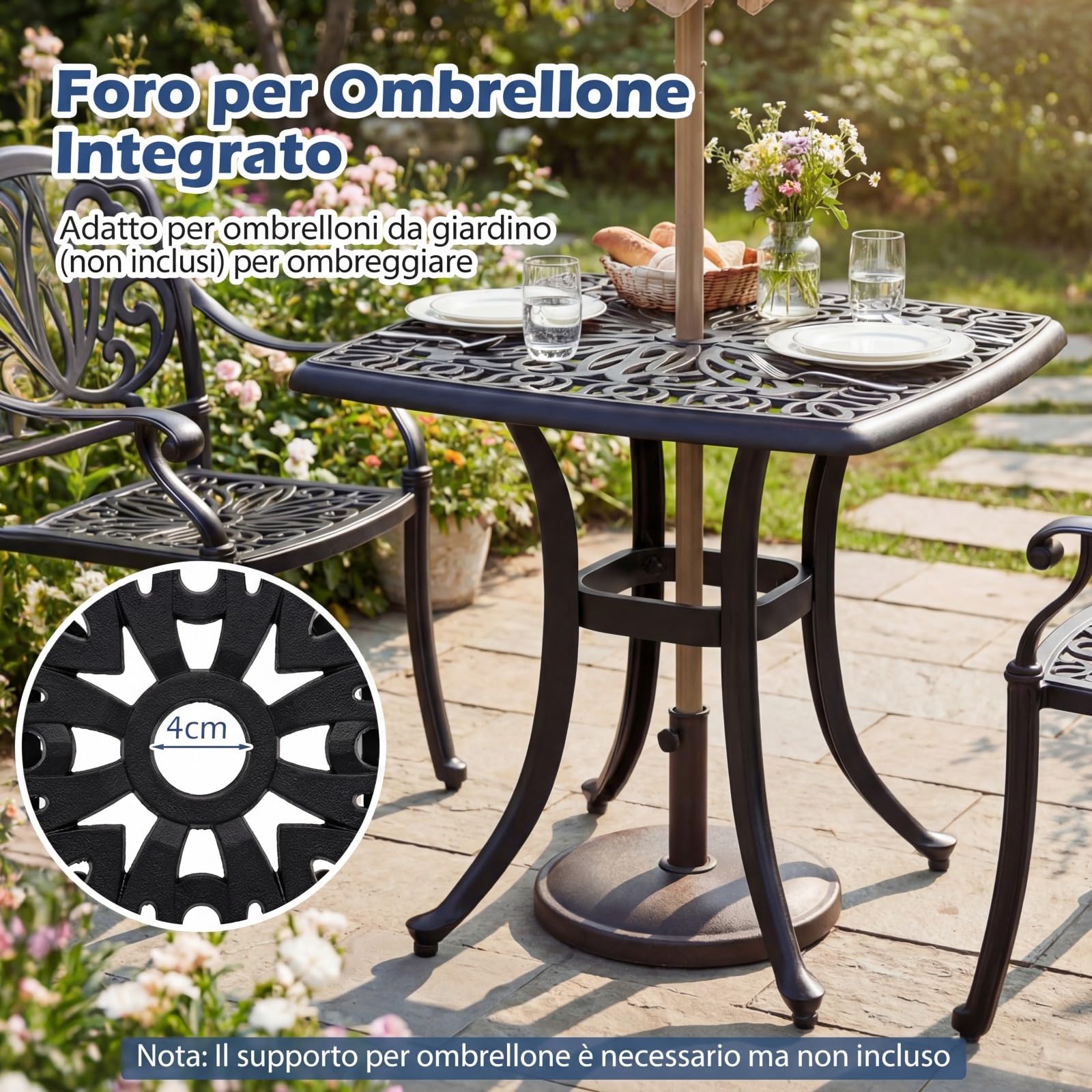 COSTWAY Tavolino da Esterno con Foro per Ombrellone | in Alluminio, Quadrato Antiruggine, per Giardino, Veranda e Balcone, Portata 120 kg