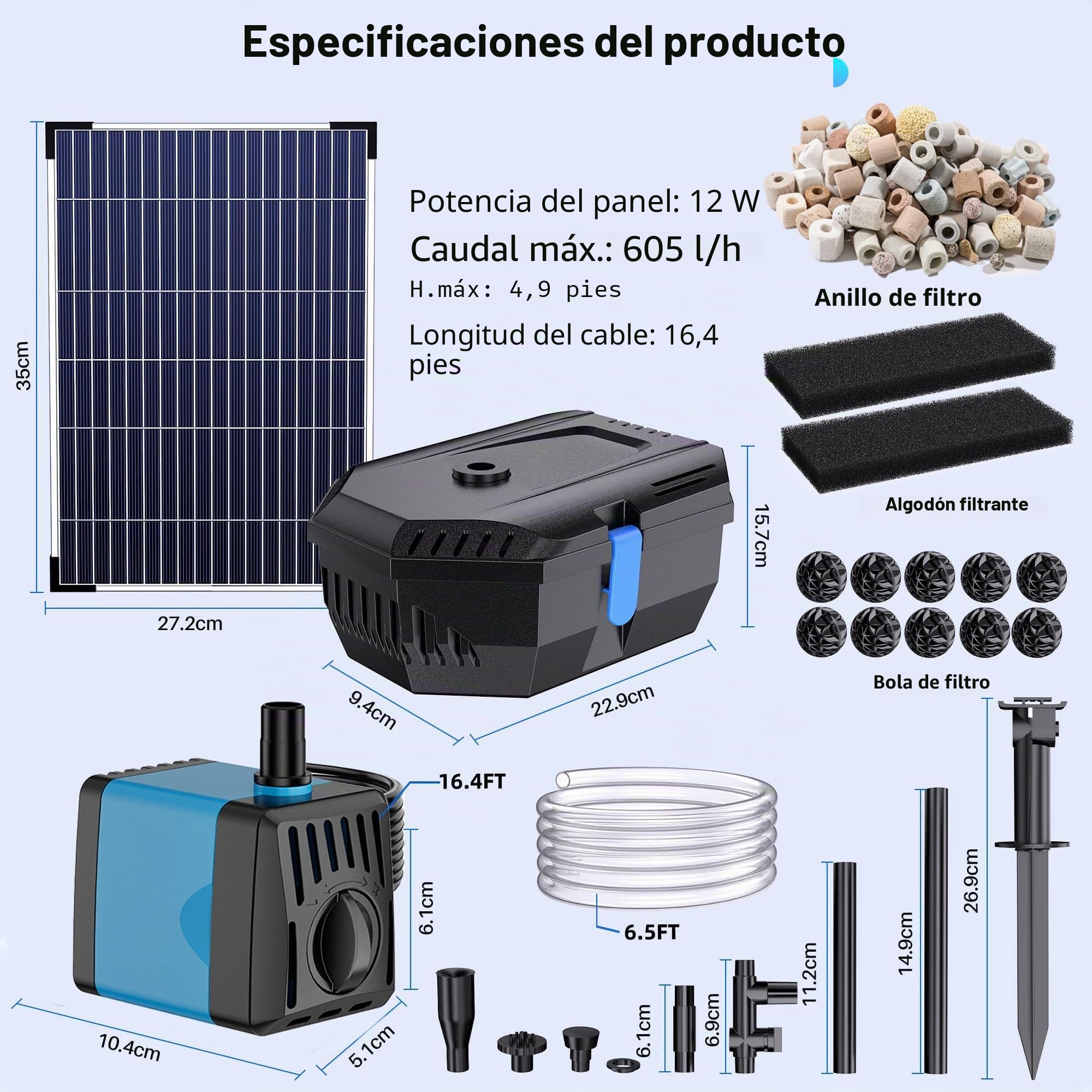 Biling Filtro solar para estanque de 12 W con bomba, 605 l/h, filtro de estanque, bomba solar con manguera, 4 boquillas de 5 m, cable de 5 m, fuente solar para estanques exteriores, tanque de peces