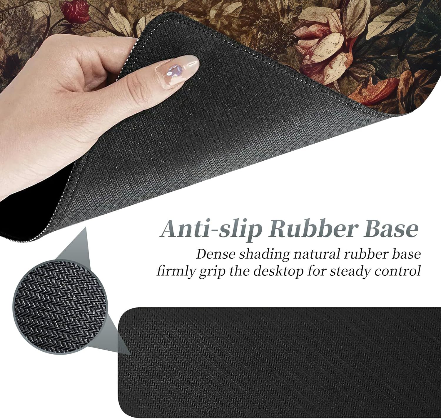 3Pcs Mouse Pad Set, Dark Art Flowers Large Gaming Mouse Pad with Stitched Edge, Ergonomic Memory Foam Keyboard Wrist Support and Mouse Wrist Rest Cushion, Pain Relief Non-Slip Desk Pad Combo