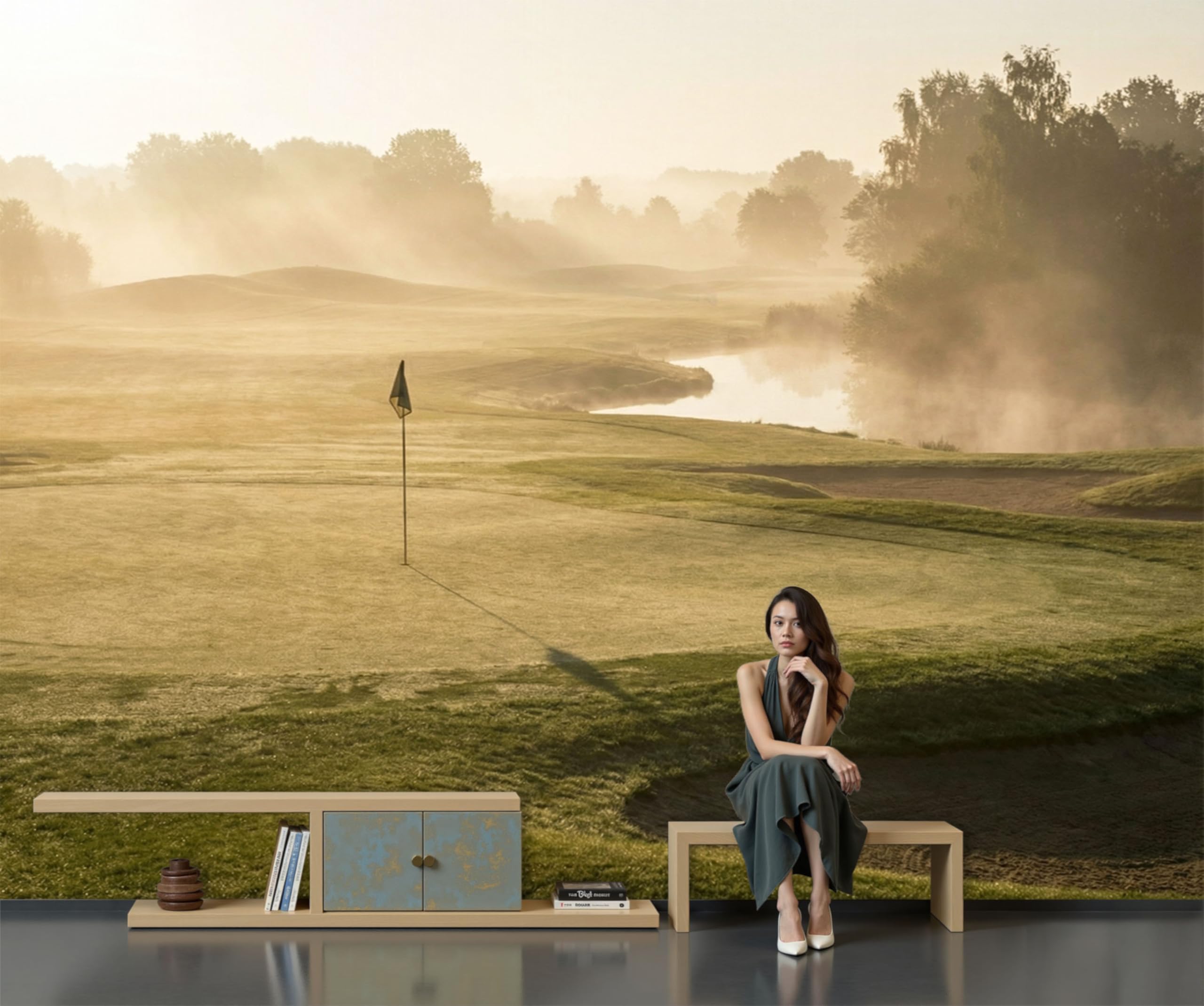 Papier Peint Panoramique Golf Brumeux Pour Un Salon Esprit Club House En Soie