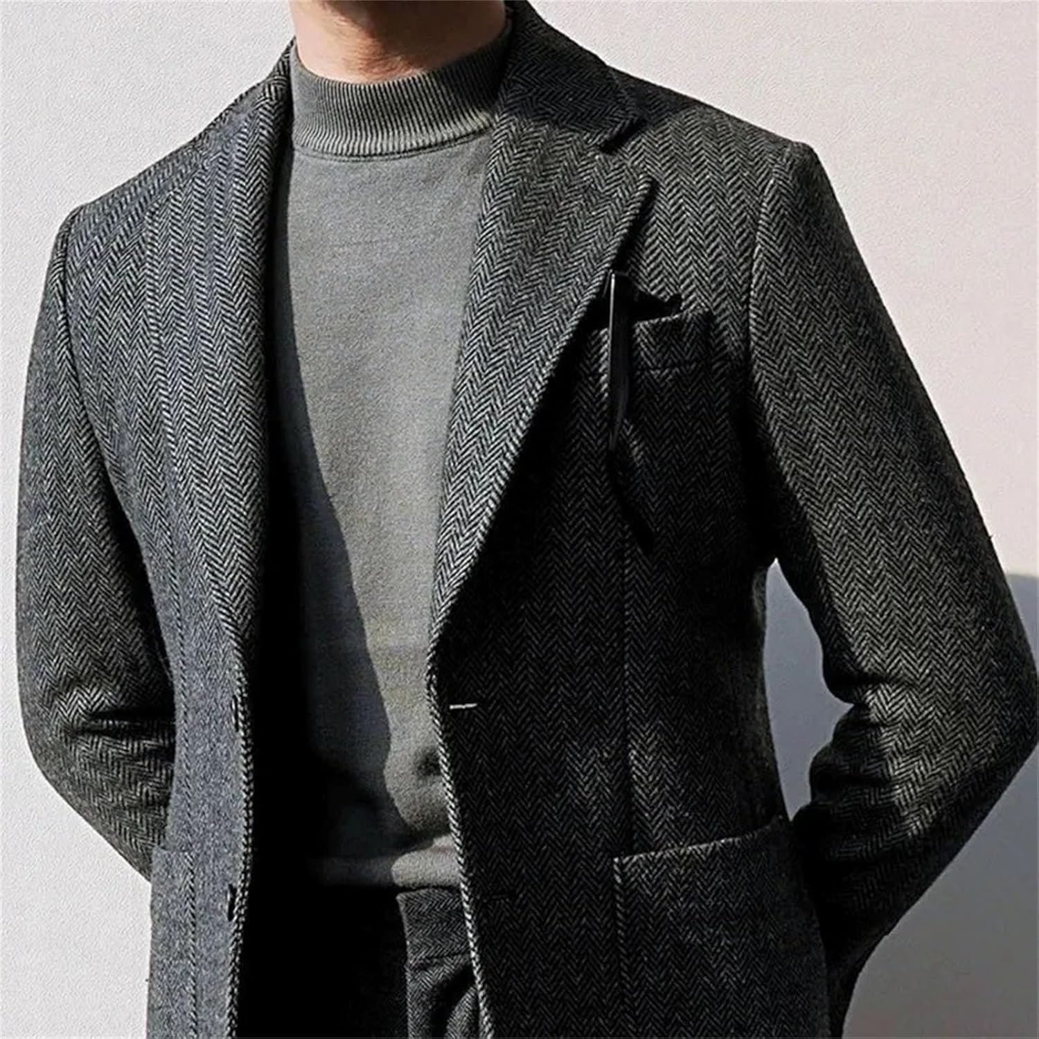 Men's Retro Wool Herringbone Suit Jacket Long Sleeves Single Breasted Thick Tweed Woolen Coat