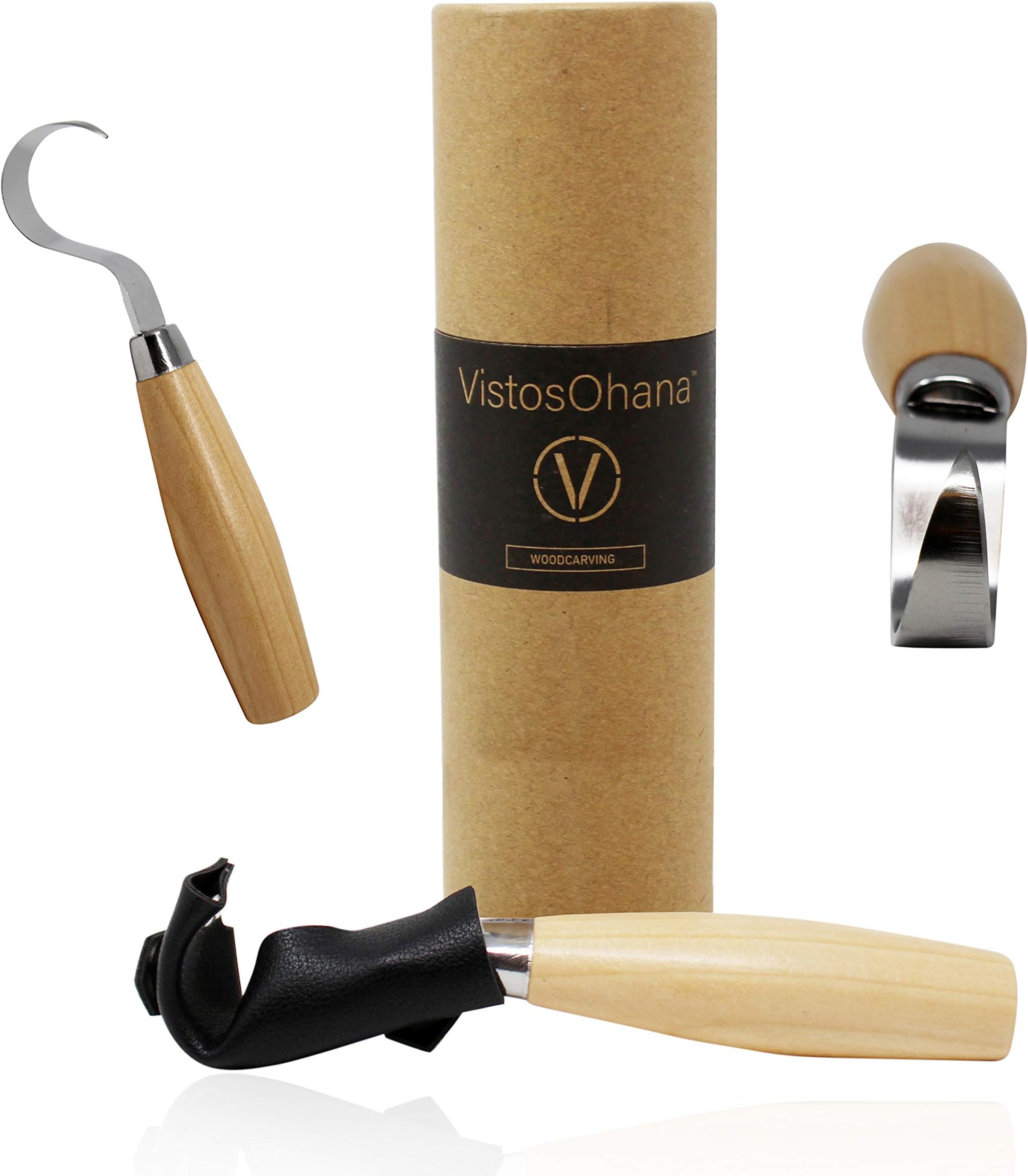 VistosoHome Hook Knife for Wood Carving - Spoon Carving Tool Made with Carbon Steel - Protective Leather Blade Cover & Ergonomic Handle - Sharp Blade for Spoons, Bowls, Cups & More (Rounded Handle)