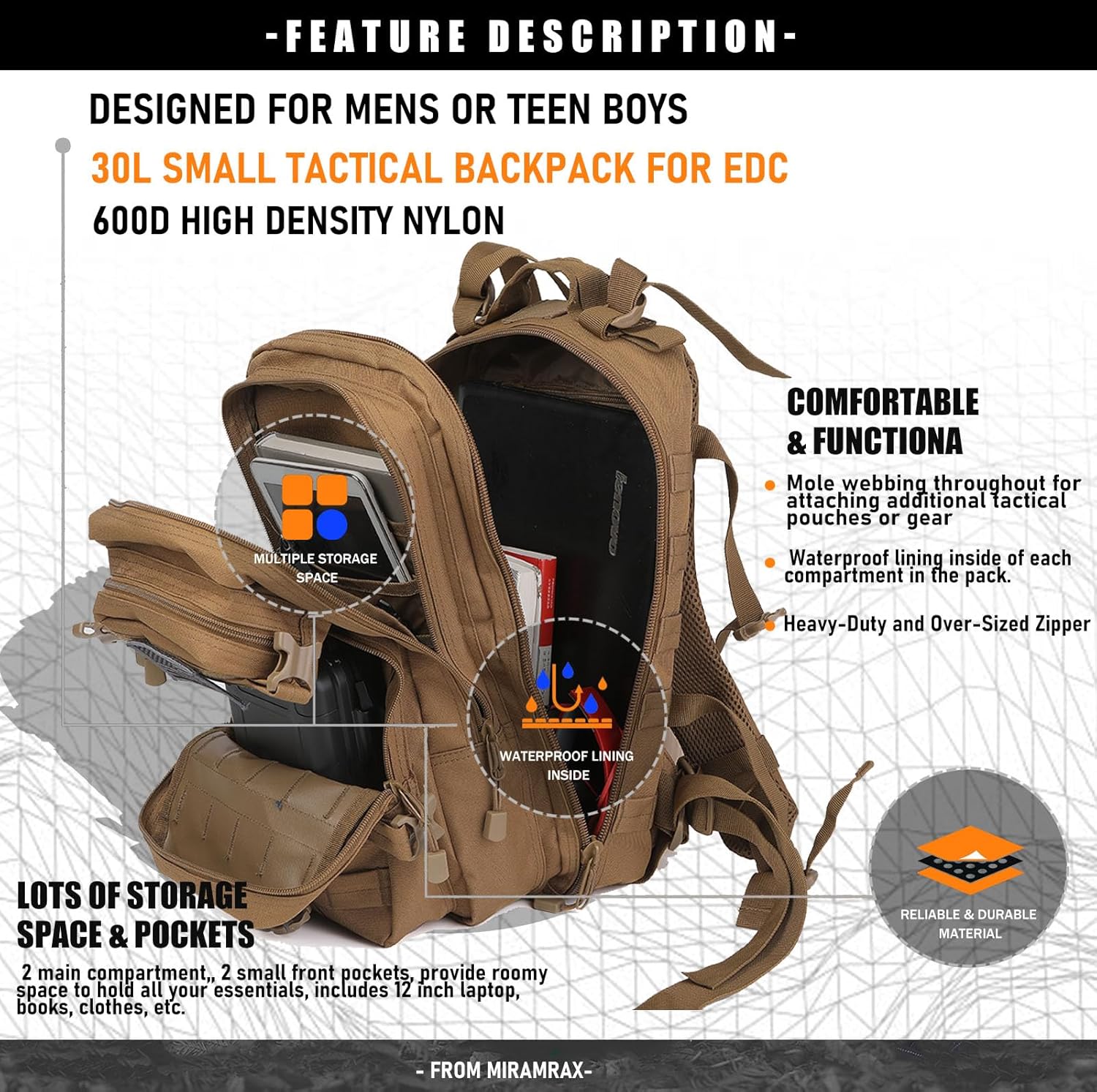 Miramrax Small Tactical Backpack Military Daypack - 30L Backpack for Men Molle Assault Pack Bug Out Bag for Hiking Camping Travel Army Hunting Rucksack Trekking (Coyote)