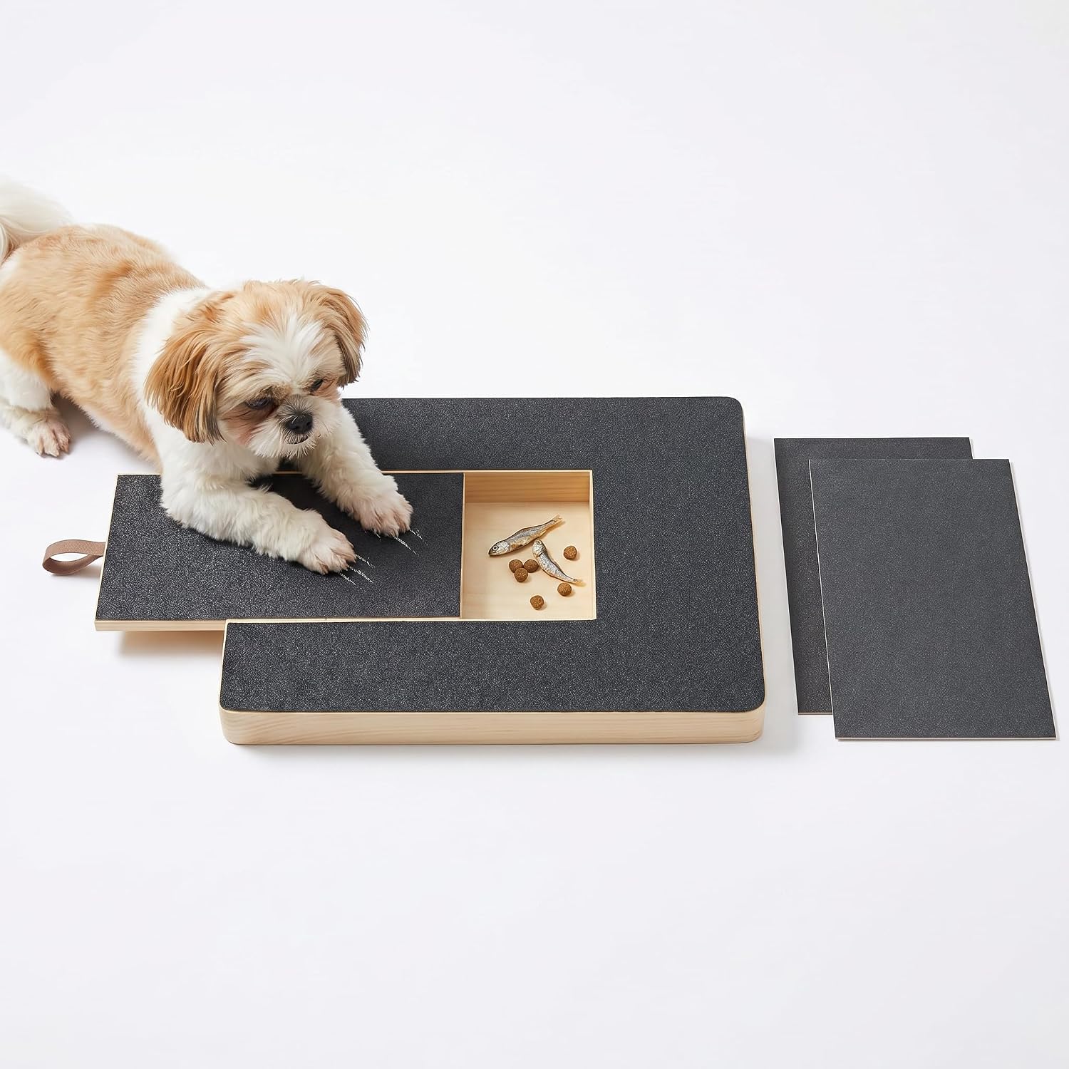 Dog Nail Scratch Board, Wooden Claw Scratcher with Treat Box & 2 Replacement Sandpapers, Stress-Free Nail Care for Small & Medium Dogs, Replace Nail Grinder Clippers