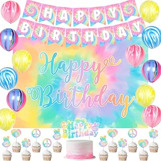 Tie Dye Birthday Decorations for Girls - Tie Dye Theme Happy Birthday Banner, Backdrop, Cake Topper with Cupcake Toppers, Rainbow Marble Agate Balloons