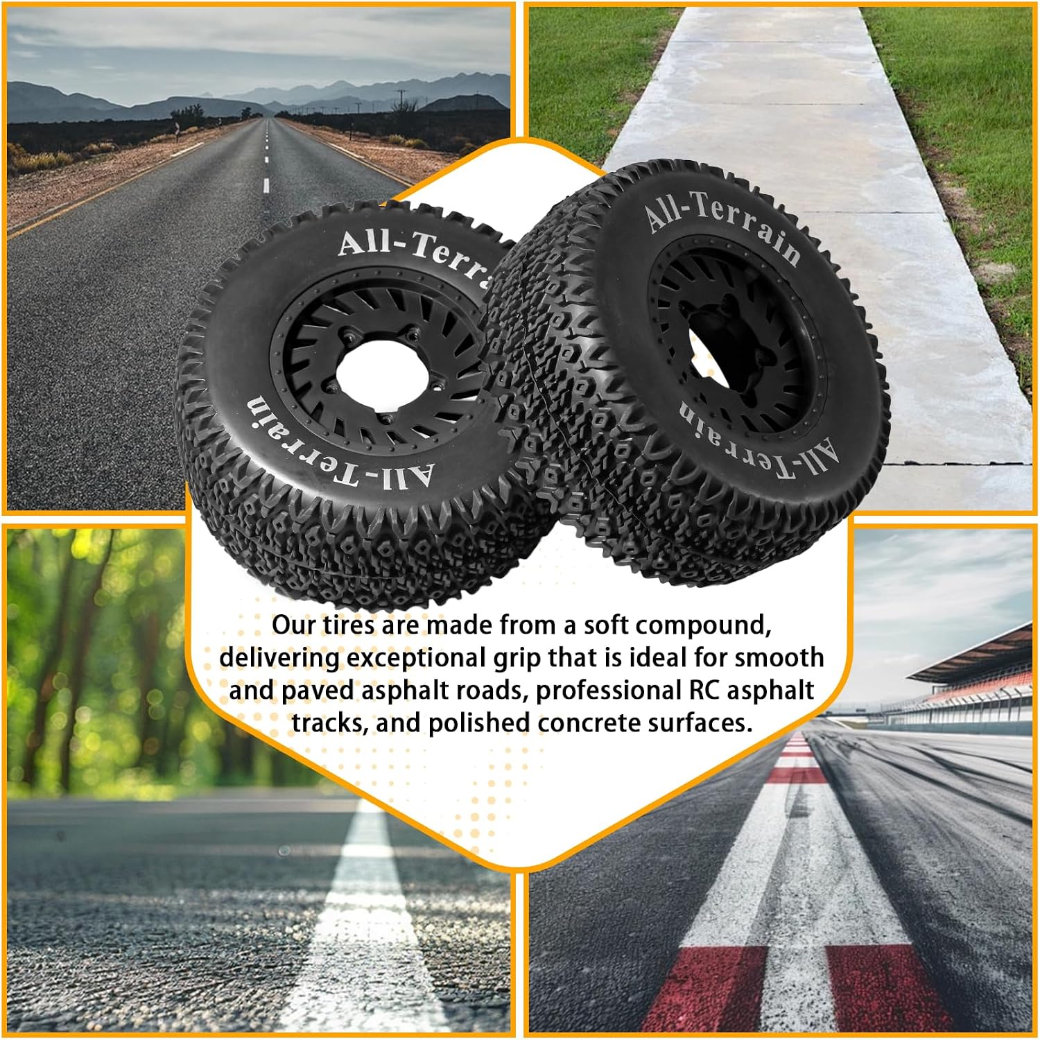4PCS 1/10 RC Short Course Truck Tires, All-terrain Rubber Tires and Nylon Wheels with 12mm/17mm Hex Compatible with 1/10 Traxxas Slash 4WD 2WD Arrma Senton Axial Losi Redcat RC Buggy, Black