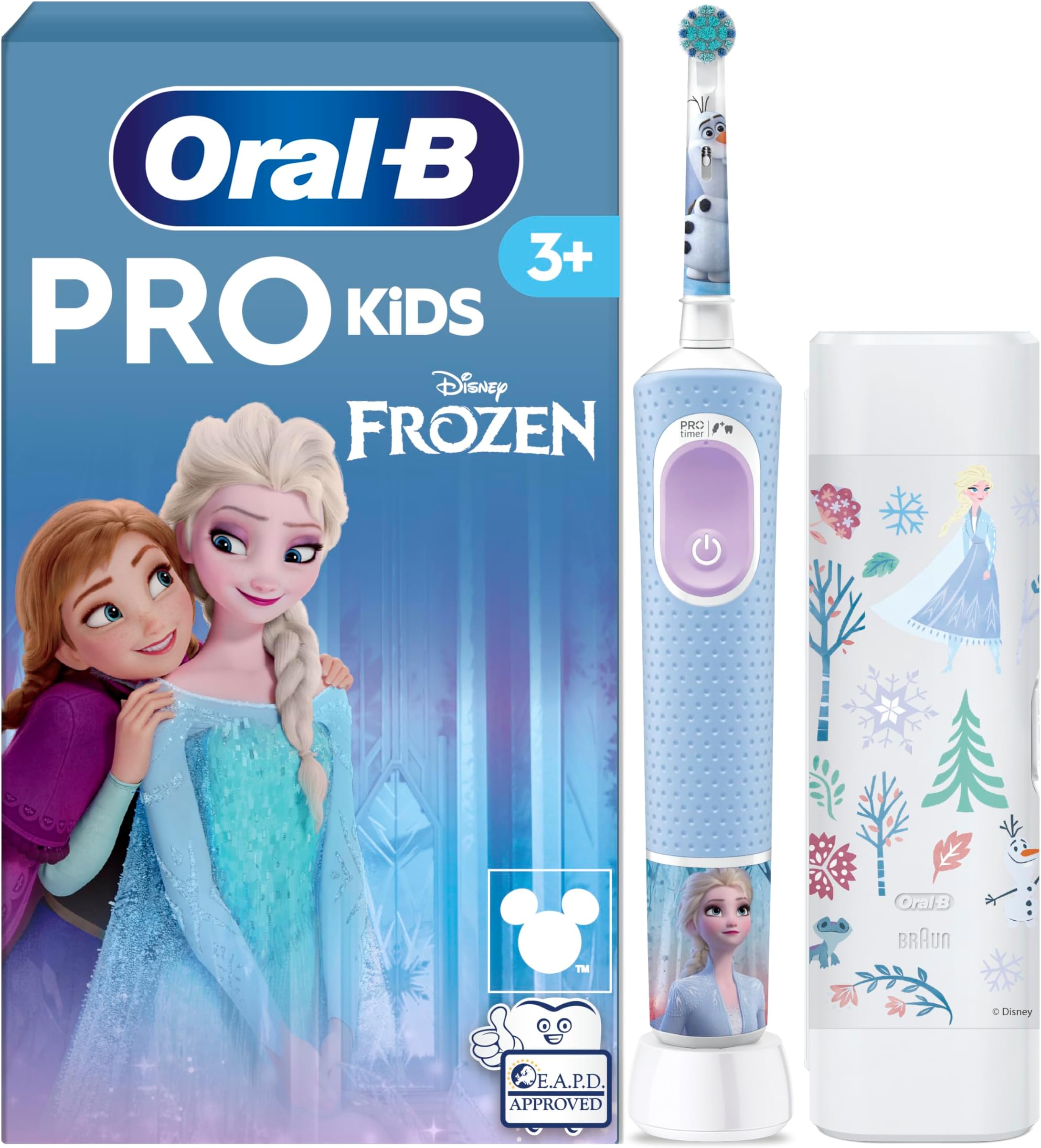 Oral-B Pro Kids Electric Toothbrush, Christmas Gifts For Kids, 1 Toothbrush Head, x4 Frozen Stickers, 1 Travel Case, 2 Modes with Kid-Friendly Sensitive Mode, For Ages 3+, 2 Pin UK Plug, Blue