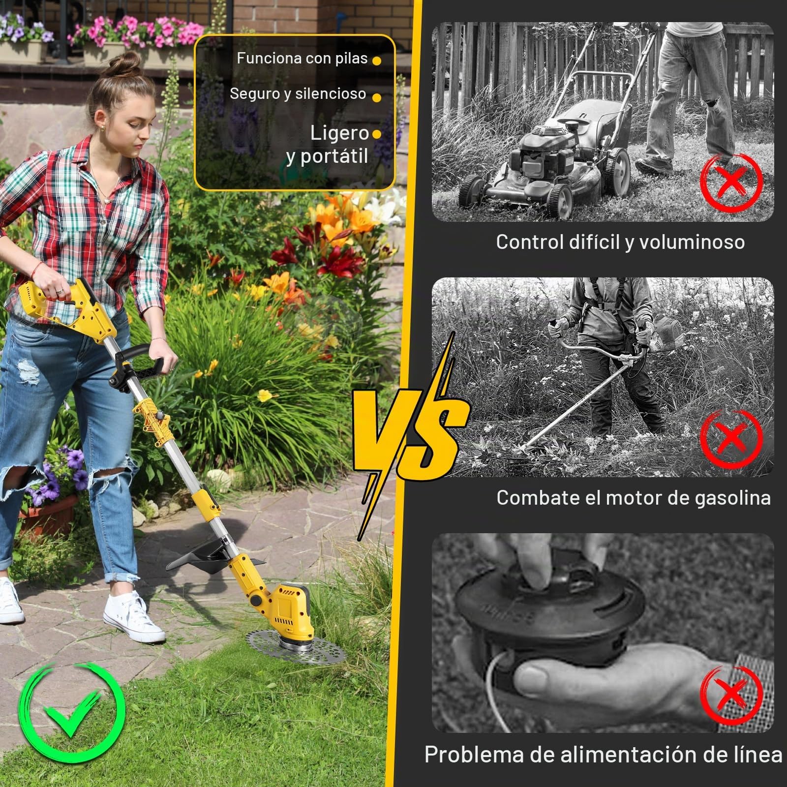Desbrozadora a Batería para Dewalt 20 V, Cortabordes Eléctrico con Cepillo de Malas Hierbas, Mango telescópico(Ancho de Corte de 24 cm, 9000 R/min) para podar césped de jardín (sin batería)