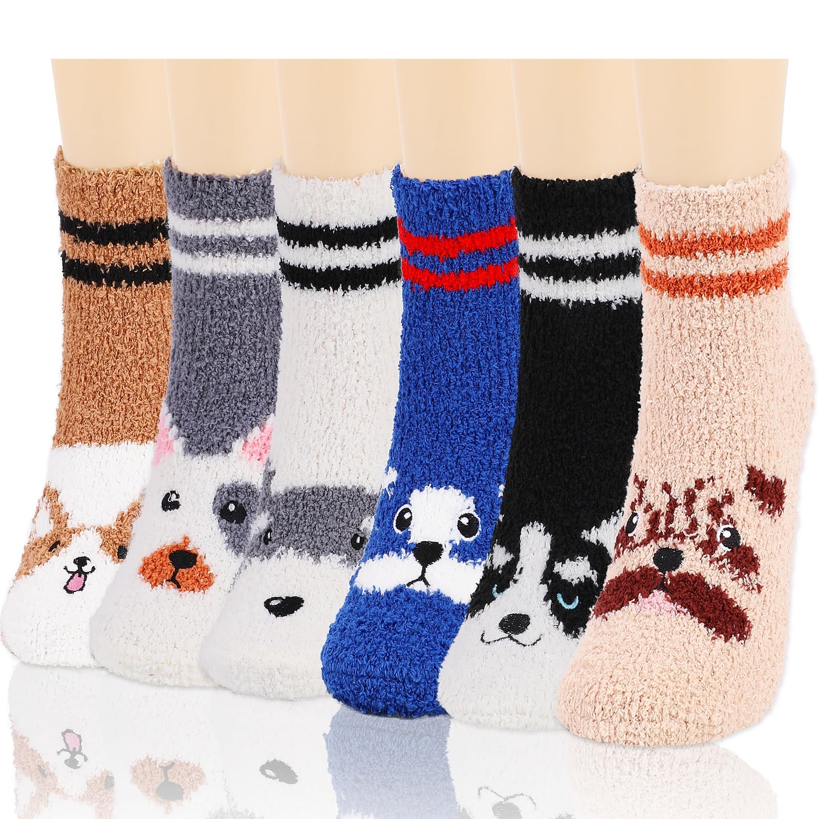 QKURT 6 paar wollige hondensokken, winter, warme gezellige knuffelsokken, schattige dieren, grappige cadeausokken, superzachte pantoffelsokken, bedsokken voor vrouwen, mannen en meisjes, Meerkleurig