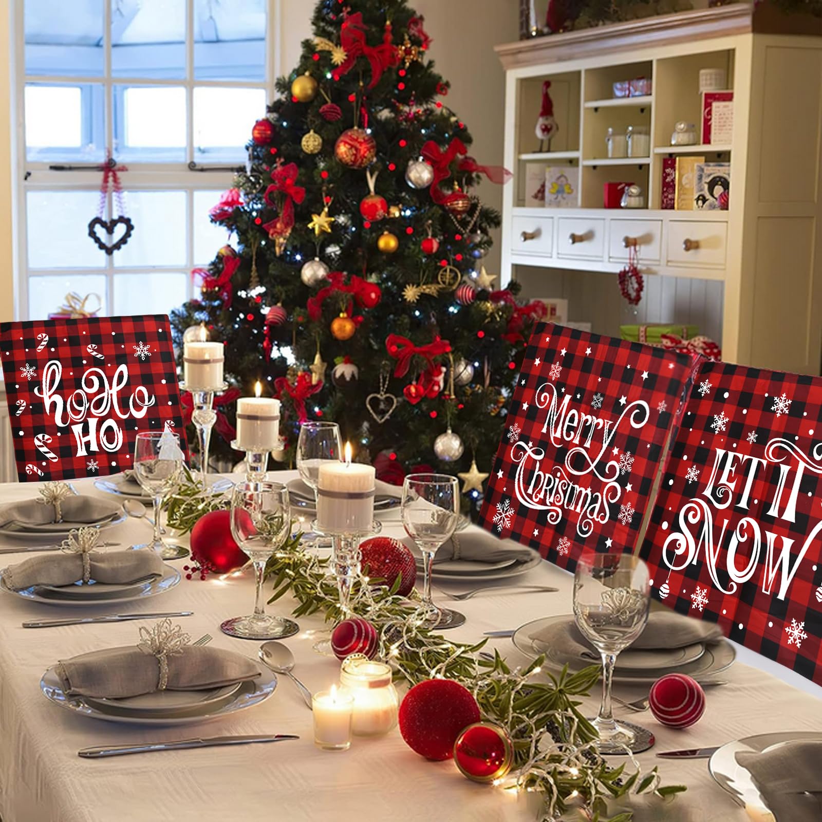 KIMOBER Juego de 6 fundas para sillas de Navidad, diseño de búfalo rojo y negro, para decoración de comedor de Navidad
