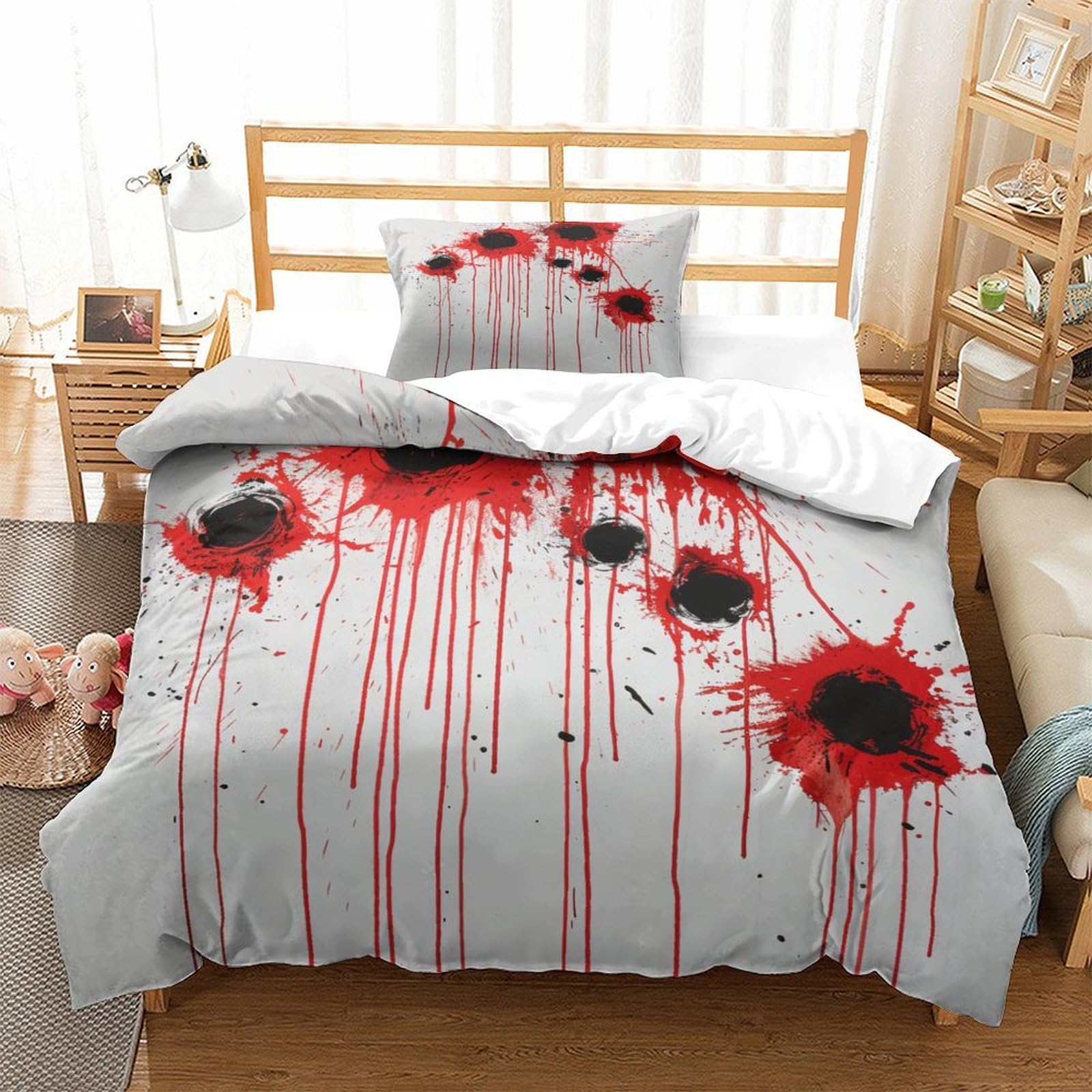 P1S9U7W5Y Innovative Blood Splatter 3D Printed Bullet Hole Duvet Cover Set 3pcs Microfiber Red Stain Bedding Set Single（135x200cm）