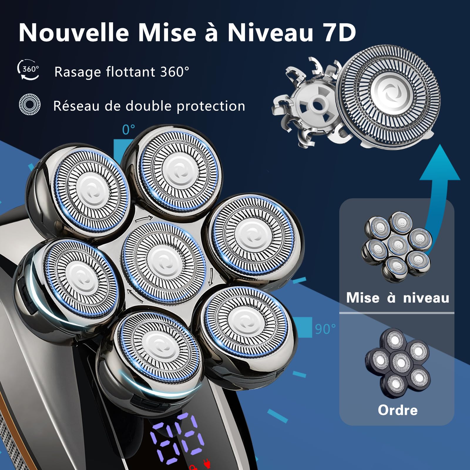 Rasoir Electriques Hommes, 5 en 1 Rasoir Crane à Tête Chauve Rotatives USB Rechargeable, Ensemble de Rasoir Chauve Imperméable et à sec Flottant 7D, Rasoir Nez Ave écran LED et Brosse pour le Visage