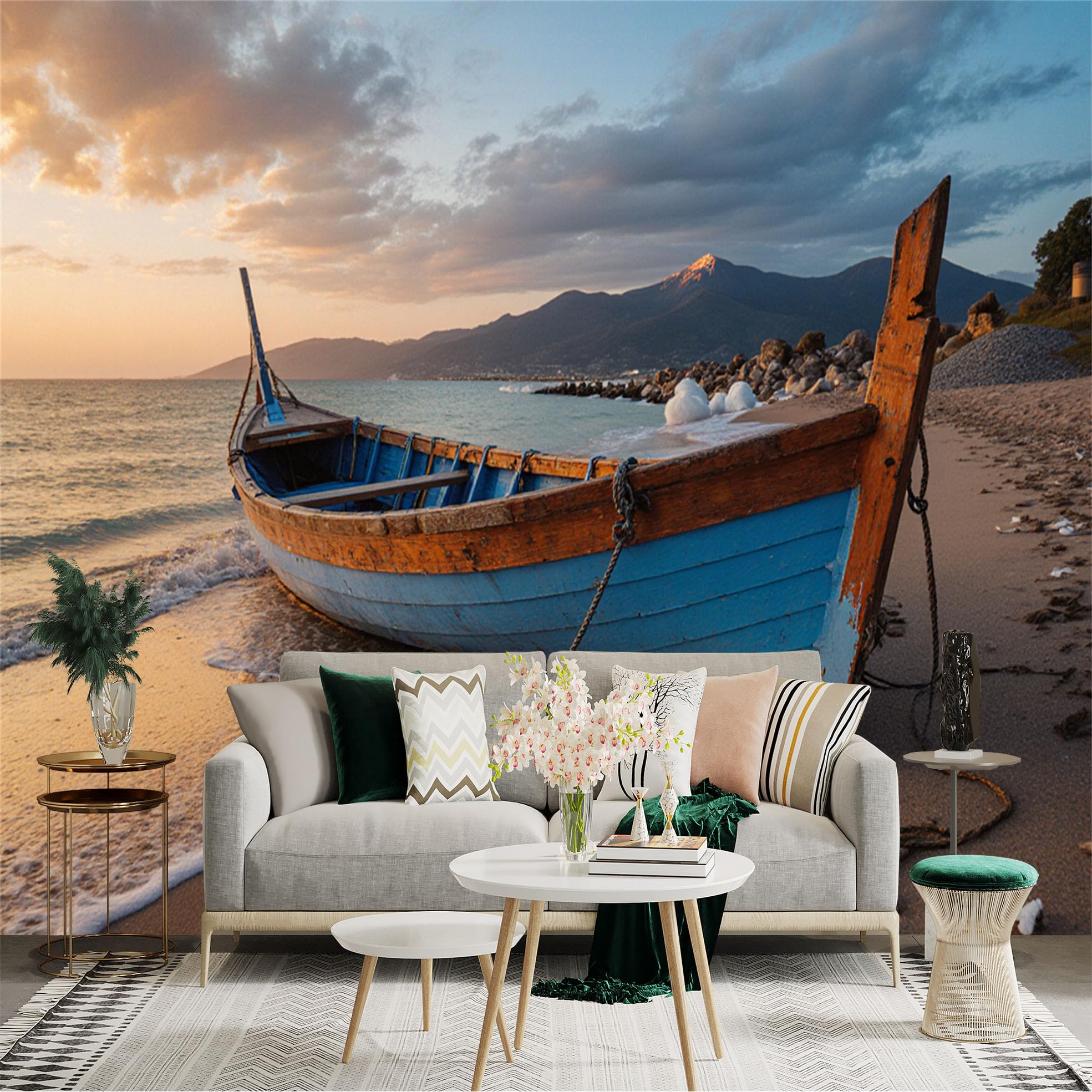 Lnzczhyre Xc260505853 Custom Size Wall Sticker Mural， Wooden Fishing Boat On Sandy Beach， Serene Seascape At Sunset， Distant Mountains， For Wall Decoration， Peelandstick Wall Decals.