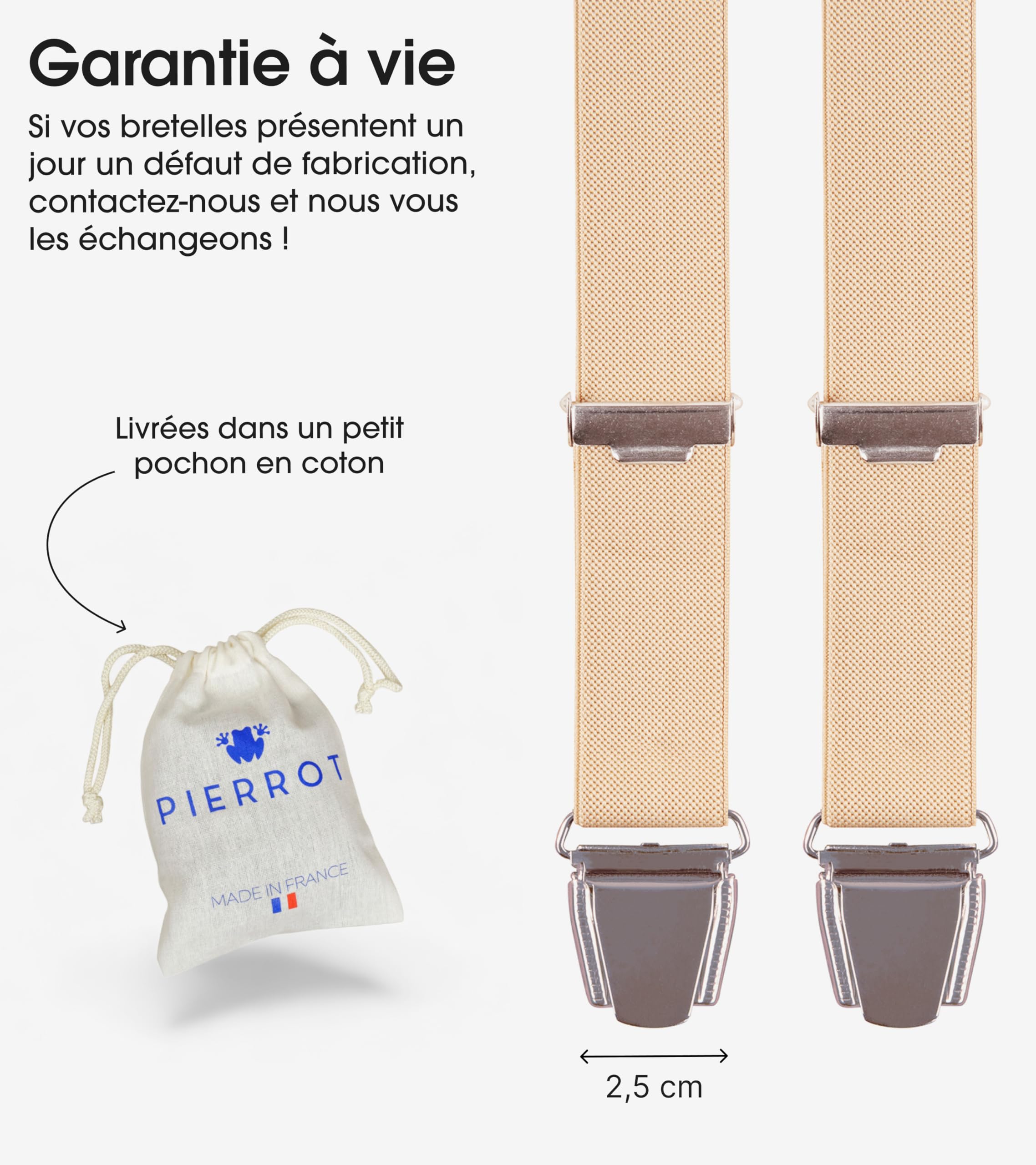 PIERROT Bretelles Homme Fines Made in France - Elastique Solide 4 Pinces Ultra Fortes en X - Bretelles 2,5cm Taille Ajustable Garantie à Vie