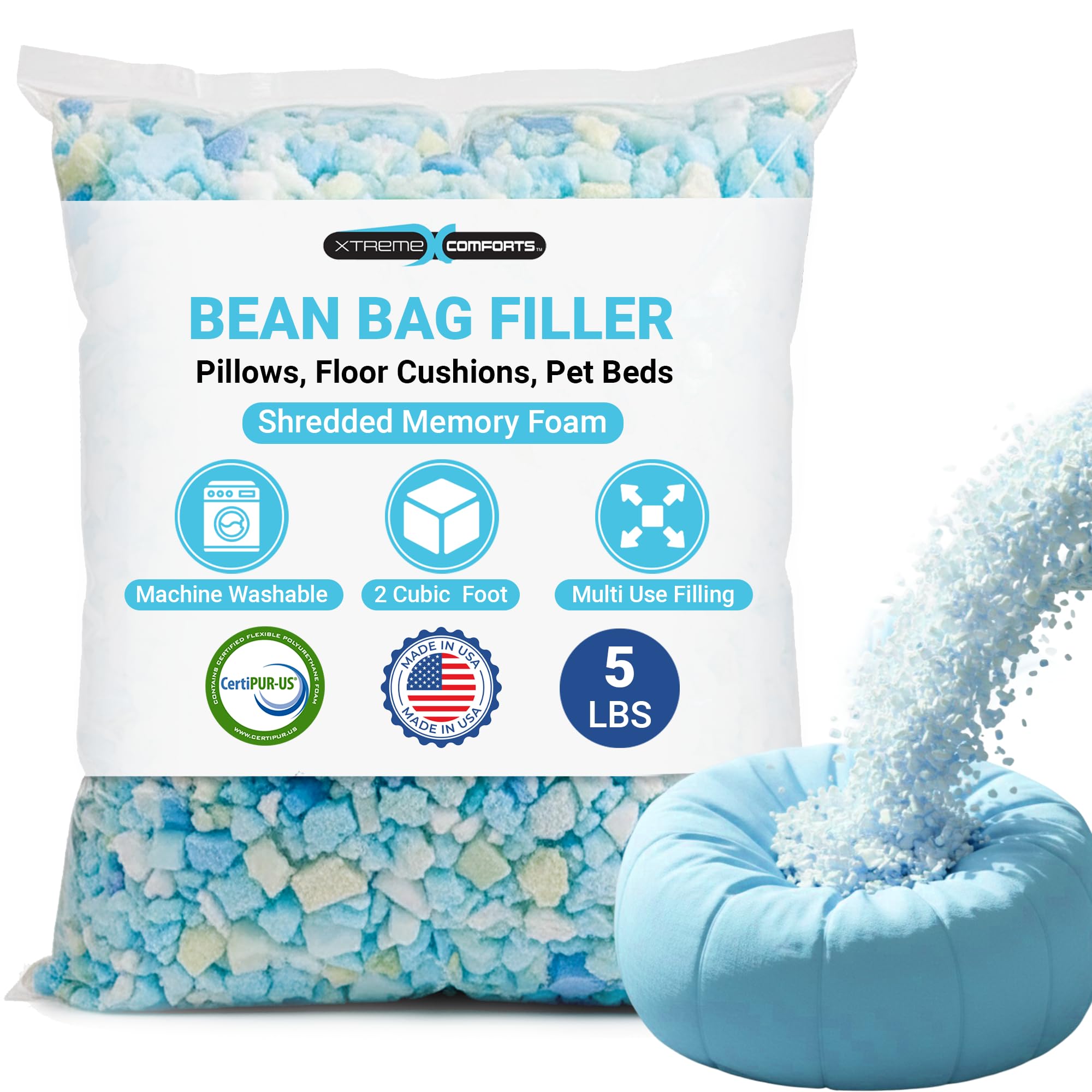Xtreme Comforts 5 LBS Bean Bag Filler w/Shredded Memory Foam - Pillow Stuffing Material for Couch Pillows, Cushions, Bean Bag Refill Filling, & More Poly Fil/Polyfill Stuffing Needs (5 Pounds)