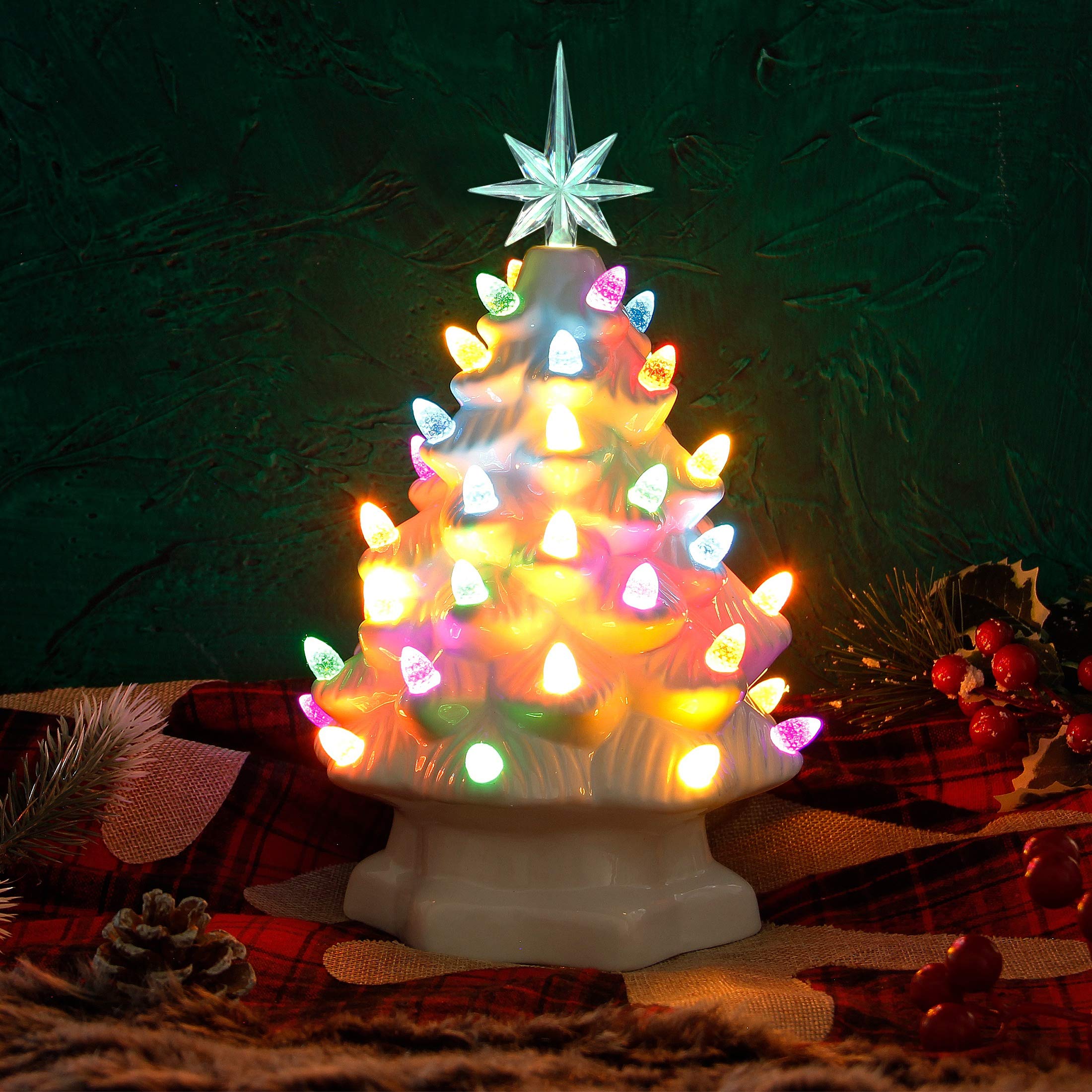Lulu Home Ceramic Christmas Tree, 10 Inch LED Light Up Ceramic Tabletop