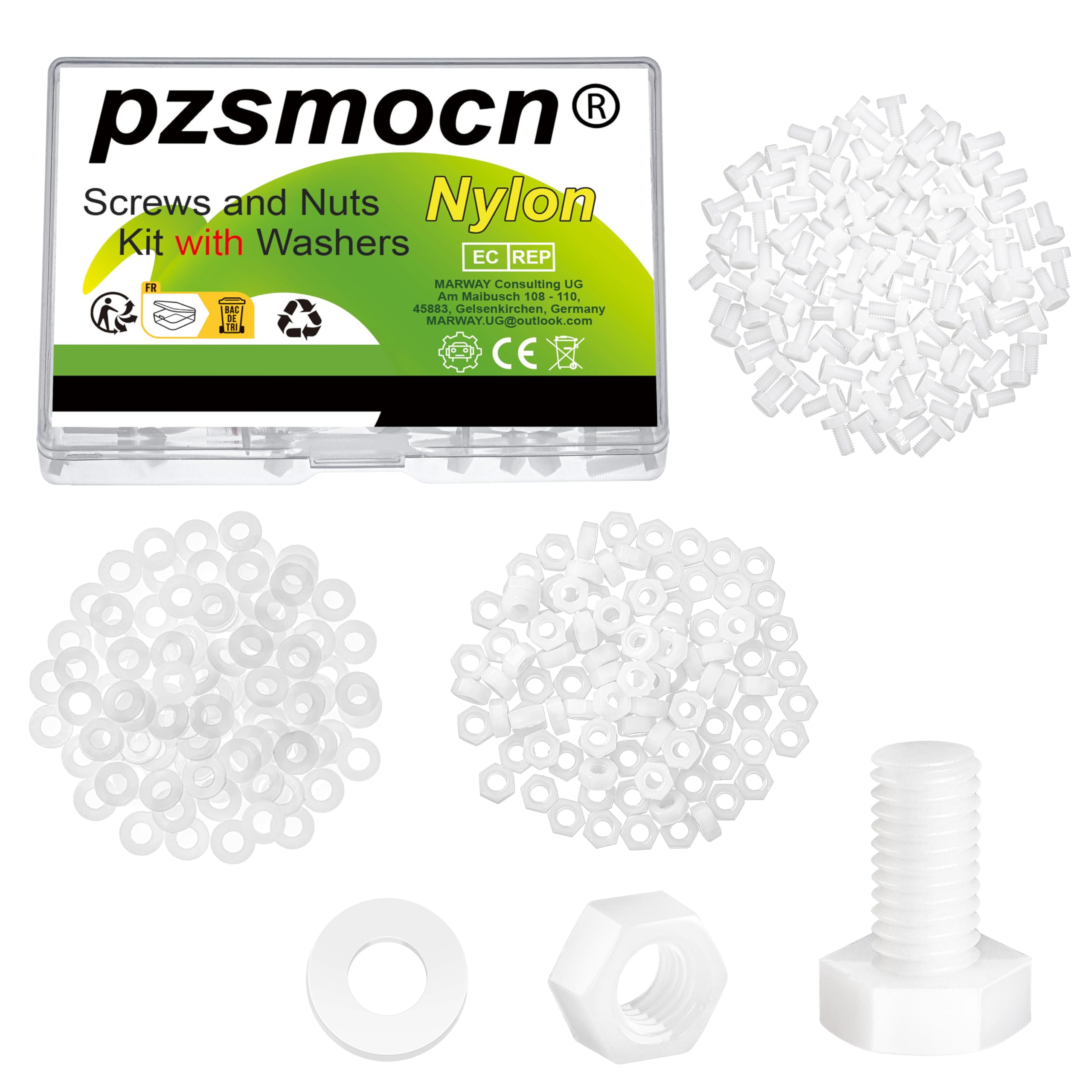 Pzsmocn 300 Pieces/100 Sets M4*8 mm Plastic White Nylon Outer Hexagon Screw Nut Combination Kit, with Insulating Washers, Standard Size, For DIY and Electronic Assembly. โ image 1