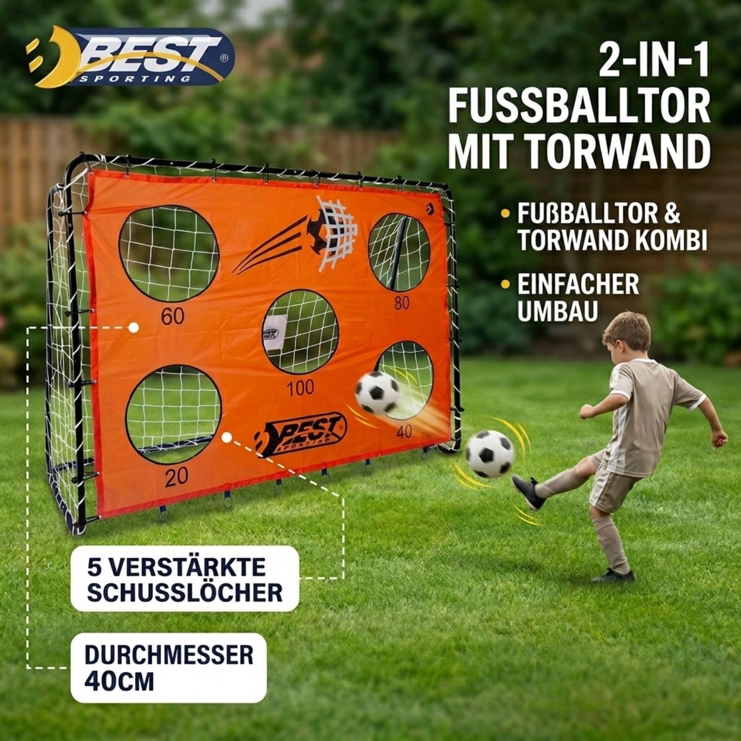Best Sporting 2-in-1 Fußballtor mit Torwand Fan-Favorite | Fussball Tor mit 5 Schusslöchern (40cm), perfekt als Fussball Trainingszubehör - Punktesystem für spannende Turniere, 213 x 152 x 76 cm