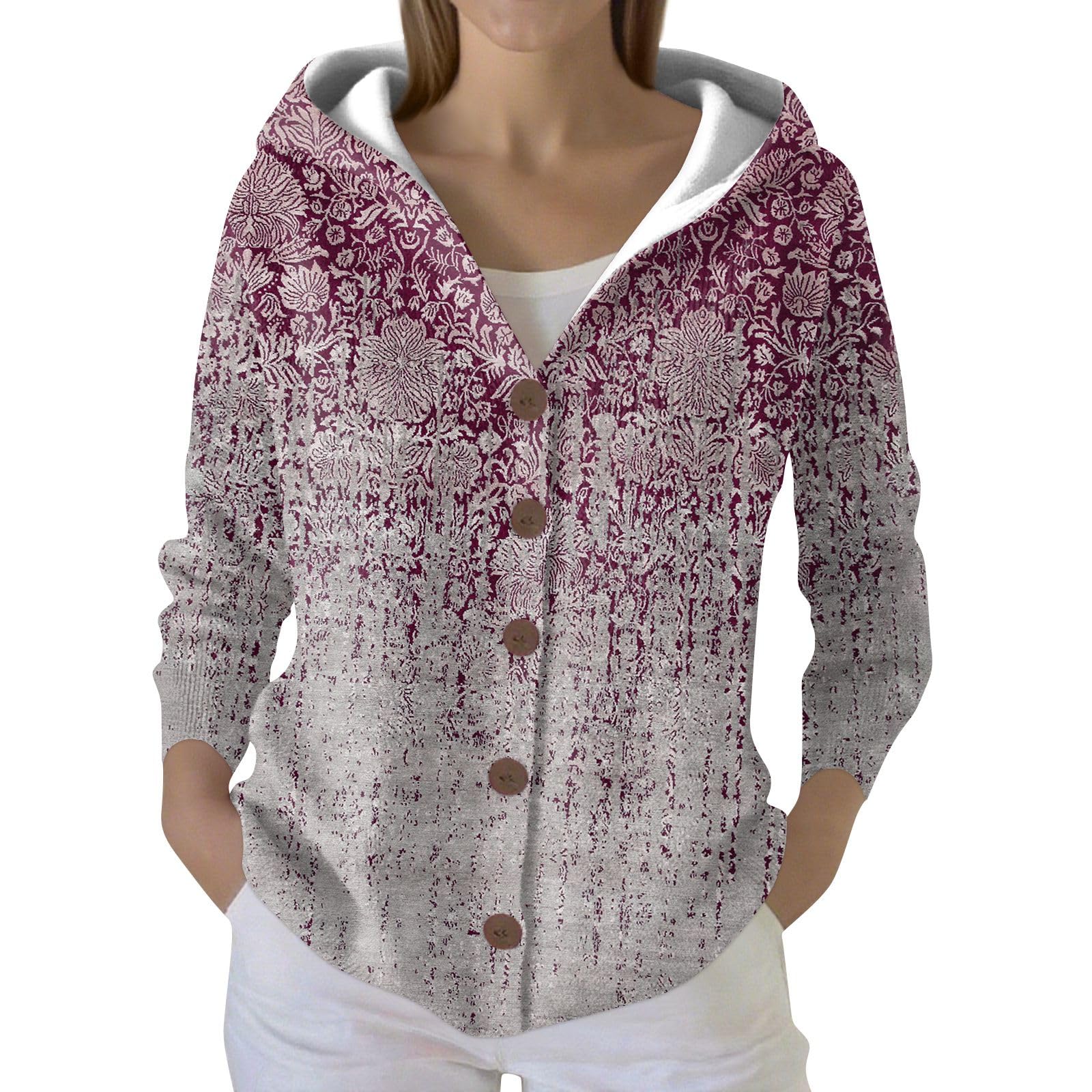 Womens Hooded Cardigan Button Long Sleeves Sweatshirts Casual Print Pullover Loose Fit Sweater Lightweight Fall Winter Tops