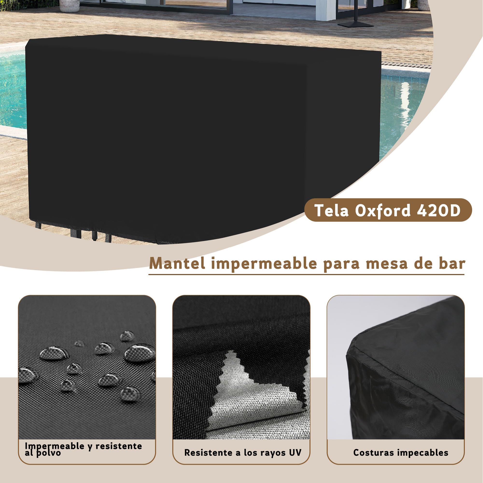 Juego de Comedor y Bar para Patio de 3 Piezas, Mesa Rectangular Resistente de 140 cm de Altura con 2 taburetes Acolchados, Mesa y sillas de Metal para Patio, Porche, bistró o balcón.