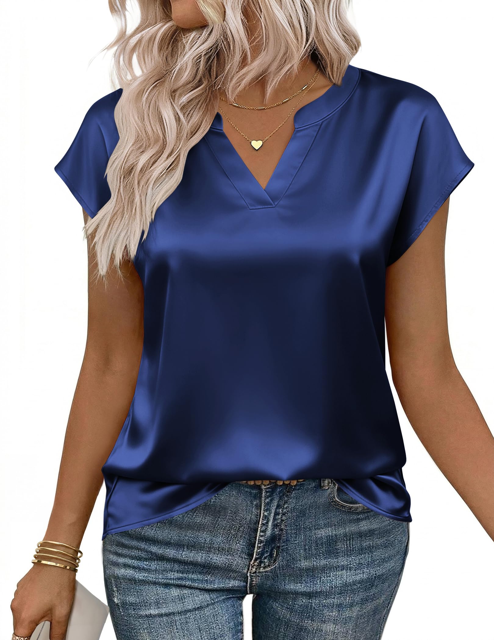 Zeagoo Women Tops Silk Satin Blouses V Neck Summer Shirts Cap Sleeve Business Casual Dressy Spring Clothing — view 11