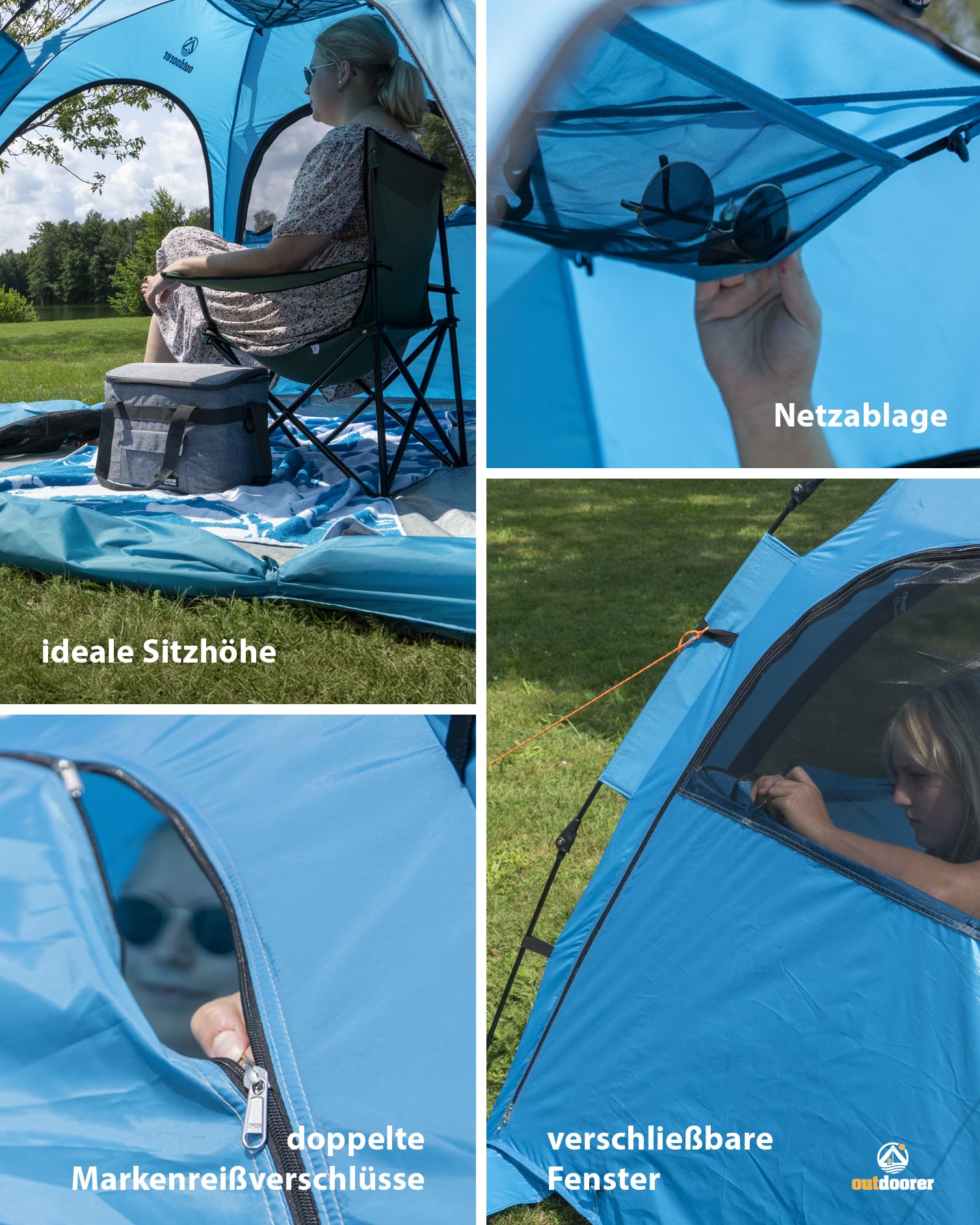 Outdoorer Sun Snapper Air UV 80 Quick-up-Strandmuschel mit 4 Türen und 3 Fenstern, Automatik-Strandzelt mit UV-Schutz 80