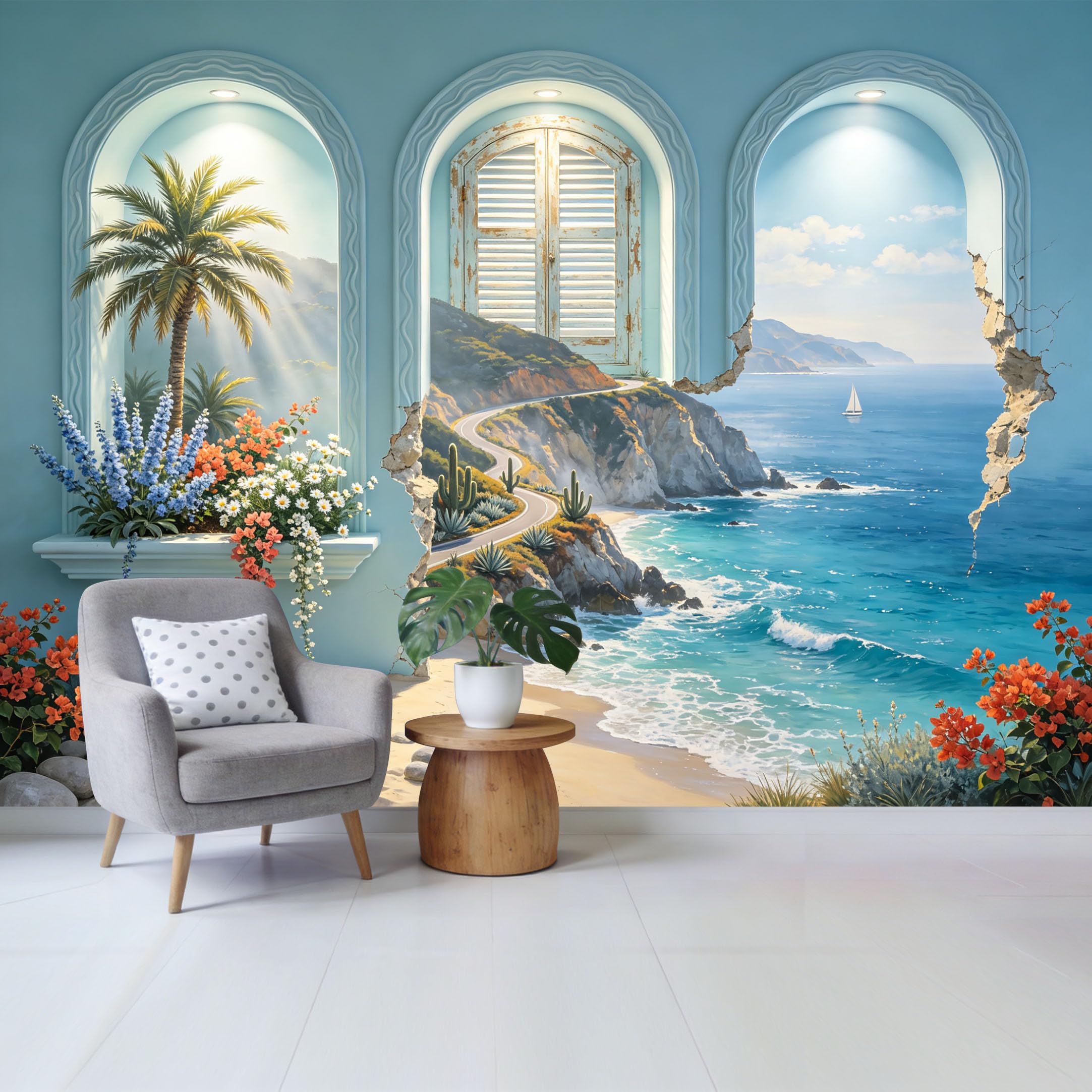 Custom Size Wall Mural Coastal Ocean View with Palm Trees and Sailboat Through Window Removable Self Adhesive Fabric Home Wall Decor for Living Room Bedroom Bathroom