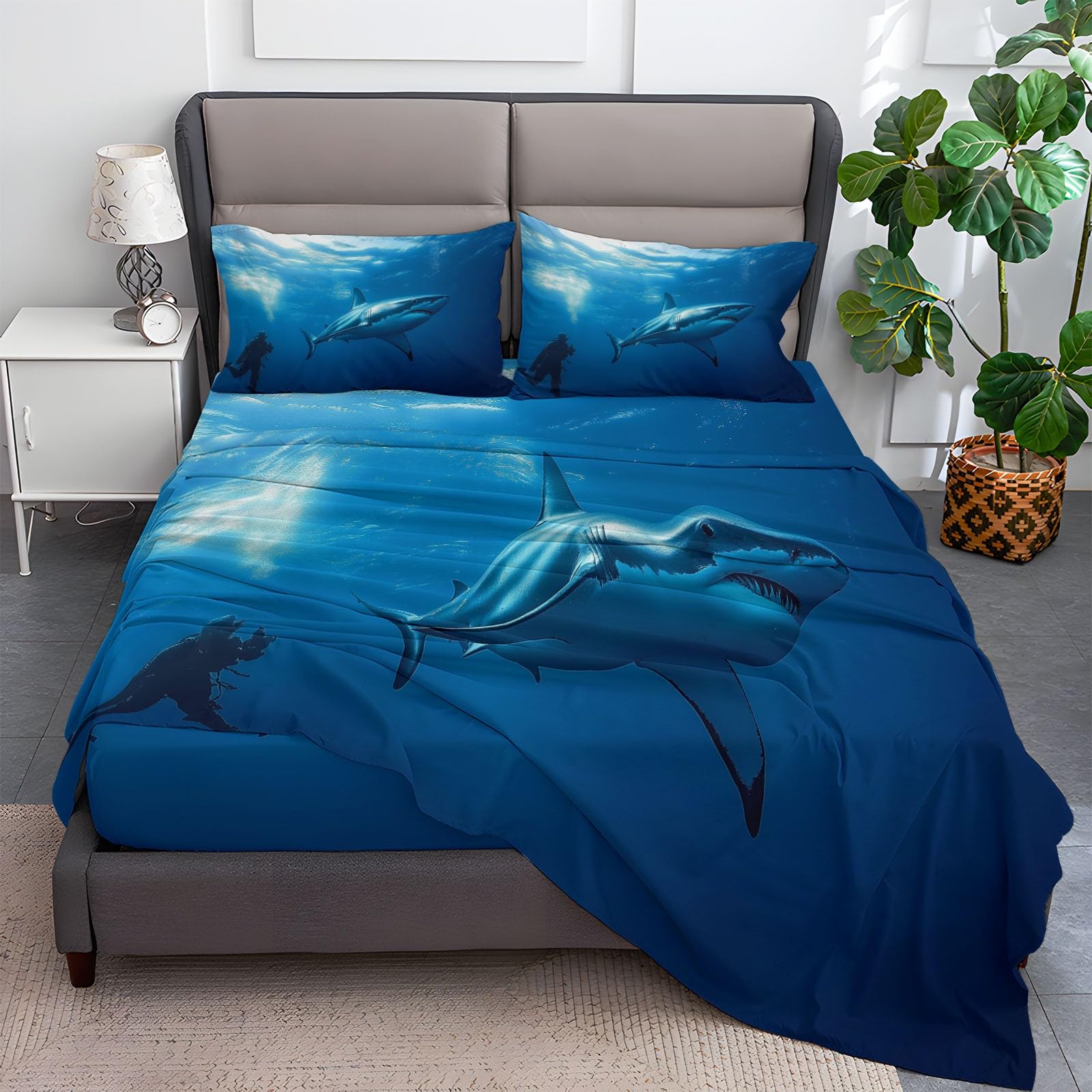Fitted Sheet Full Size Bedding Set for Kids Girls Women Men Room Decor, Soft Microfiber & Deep Pocket & Wrinkle Free Nature Shark Bedding Sheets, Blue
