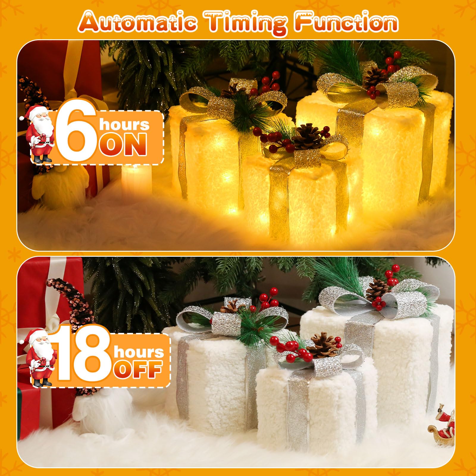 Quntis Boîtes à Cadeaux Lumineuses, 60 LEDs Décoration de Noël，Neige | Lot de 3 Boîtes Lumineuses Décoration Éclairage de Noël Intérieur/Extérieur Déco Lumière