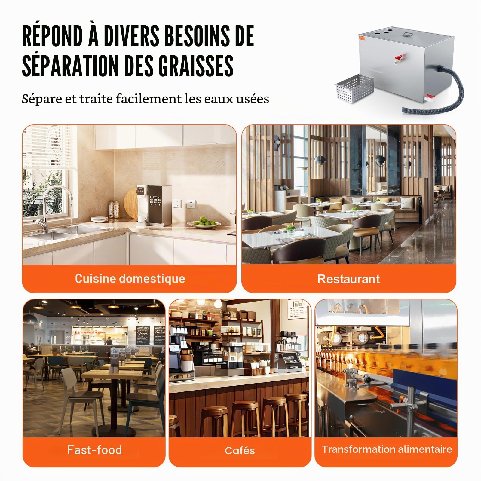 VEVOR Intercepteur à Graisse Commercial, Séparateur de Graisse 18 kg, Bac à Graisse Entrée Inférieure, sous l'Évier en Inox, Séparateur Huile-Eau d'Eaux Usées 10 GPM, pour Cuisine Cantine Restaurant