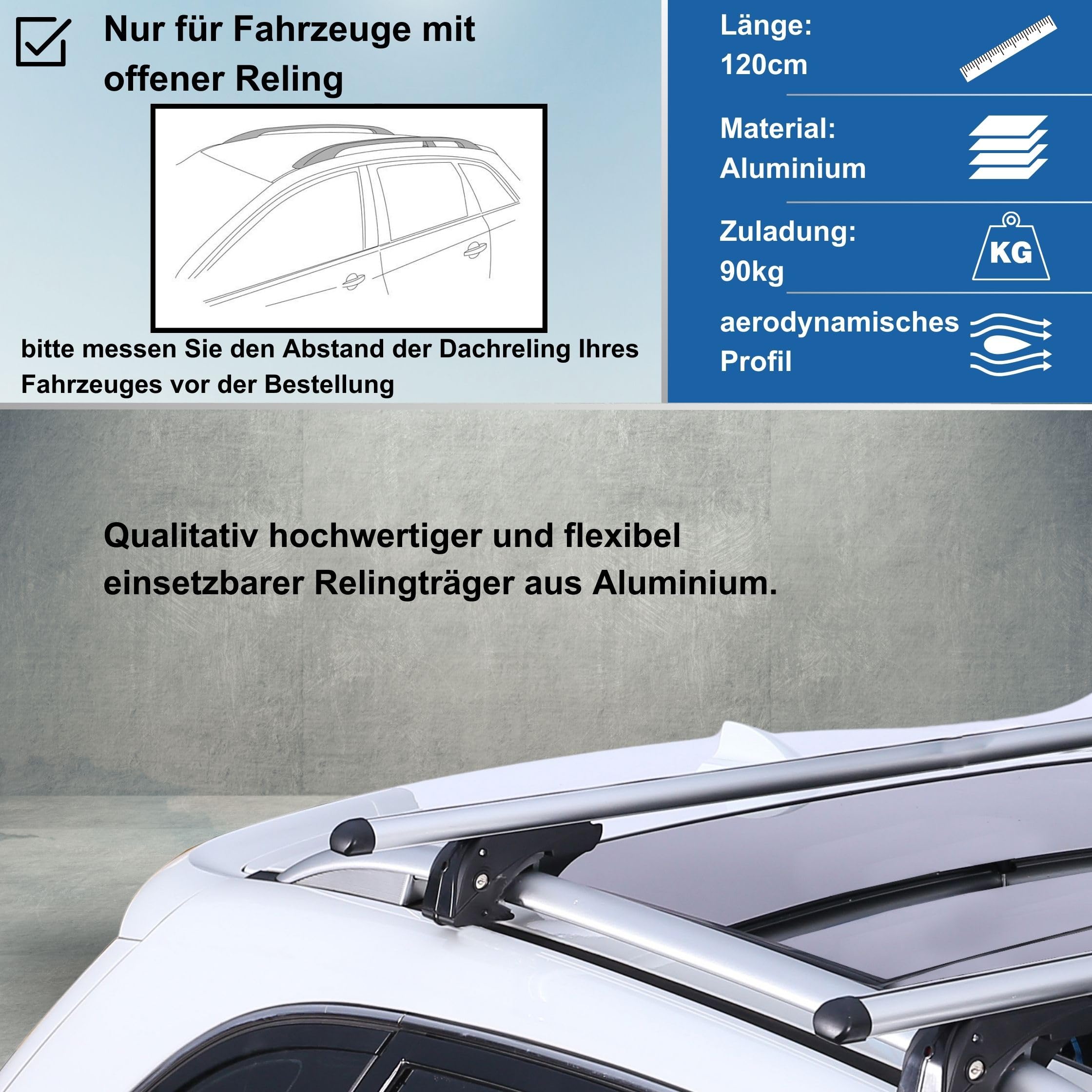 Dachgepäckträger Auto - Dachträger Universal Lion 1 | Auto Dachträger offene Reling | Dachträger für Reling abschließbar | Aluminium Grundträger Dachreling bis 90kg - 120 cm Länge