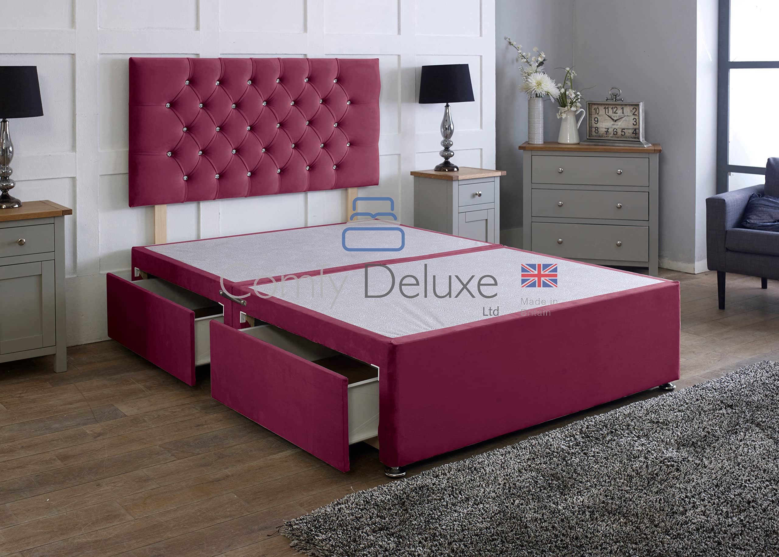Comfy Deluxe LTD 2FT6 Small Single Divan Bed Base with 26-Inch Chesterfield Headboard - Burgundy Plush Velvet with Chrome Glider Feet & 2 Drawers Same Side - UK Made