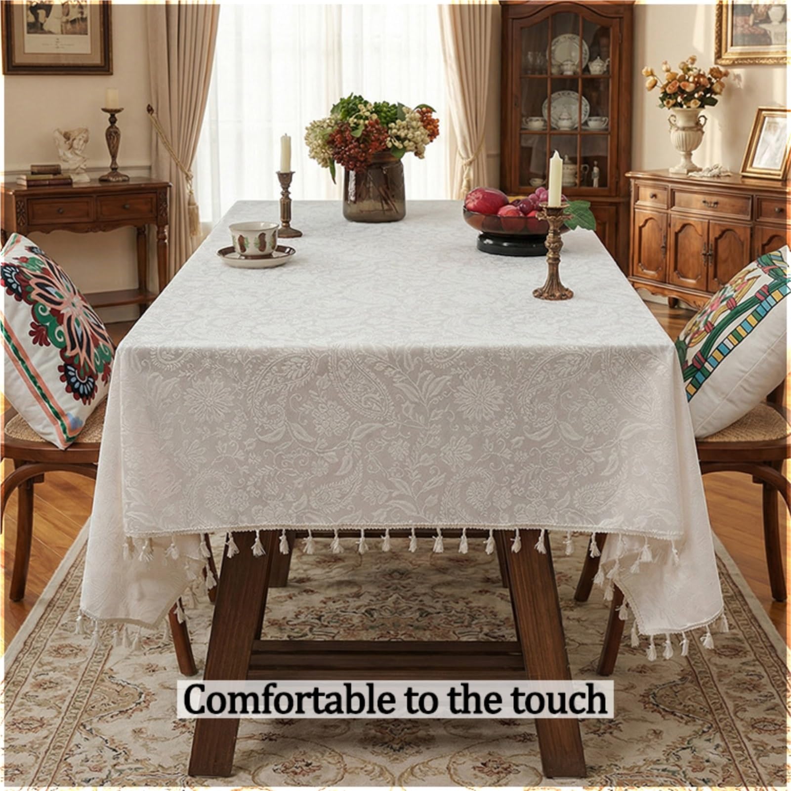 Tovaglia Elegante Rettangolare in Poliestere per Cucina o Sala da Pranzo, Ricamo con Frange, Floreale Vintage, Lavabile e Facile da Pulire | Antiscivolo Giardino(Beige D,150 x 260 cm)
