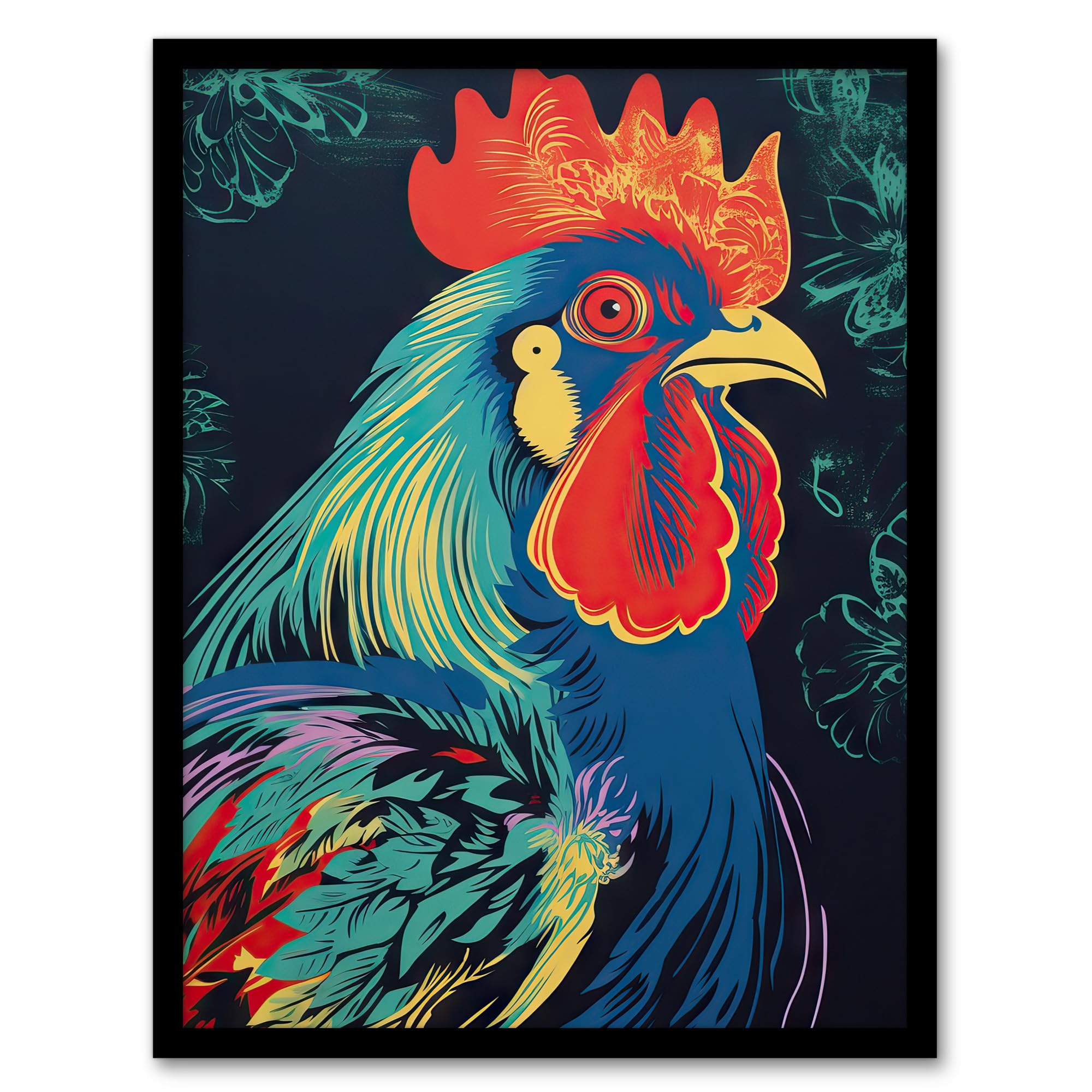 Artery8 Rooster Hen Chicken Artwork In Blue Red Vibrant Bold Bright Colourful Painting Wall Art PrintA4 Size from B&Q