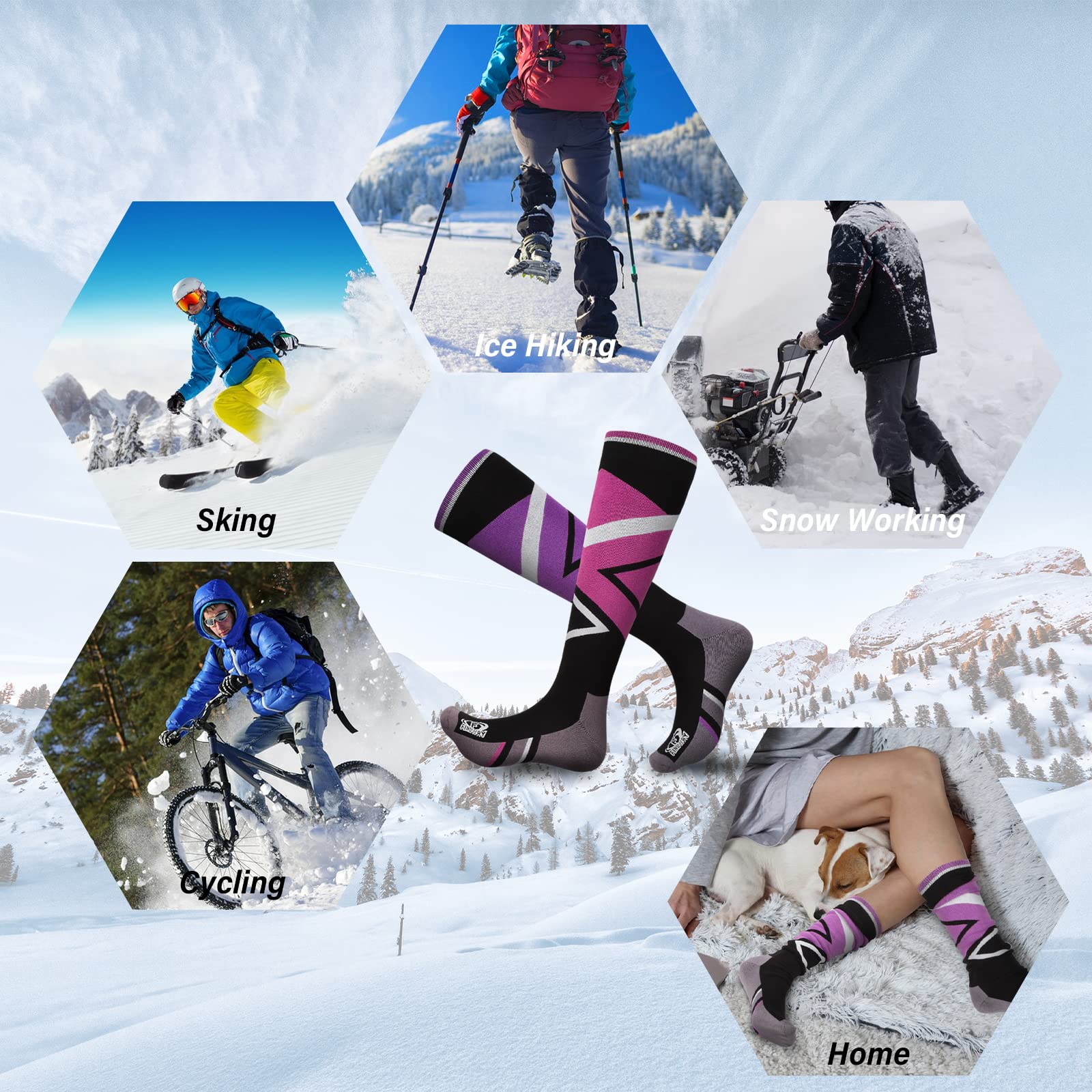 Findway 2 Paar Skisocken, Winter Snowboarding Atmungsaktive Thermosocken mit Über die Wade Design/Anti-Rutsch-Bündchen für Mädchen/Jungen für Outdoor-Sportarten