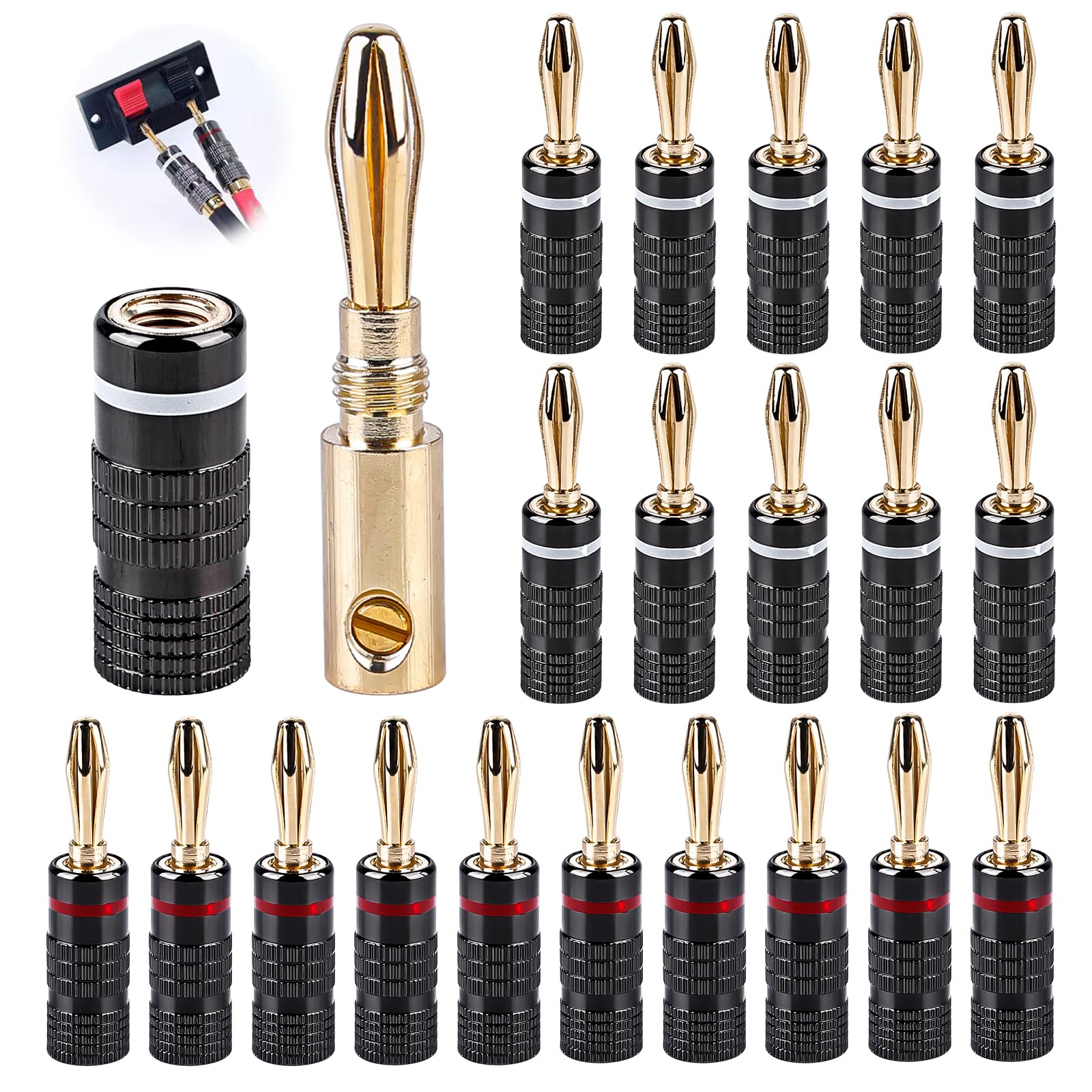 Zxglxinyao 10 connettori a banana da 4 mm, spina per altoparlante, spina a banana, ad alta corrente, impilabili, tipo di vite per cavi, scatole, amplificatori, ricevitori AV stereo (nero + rosso