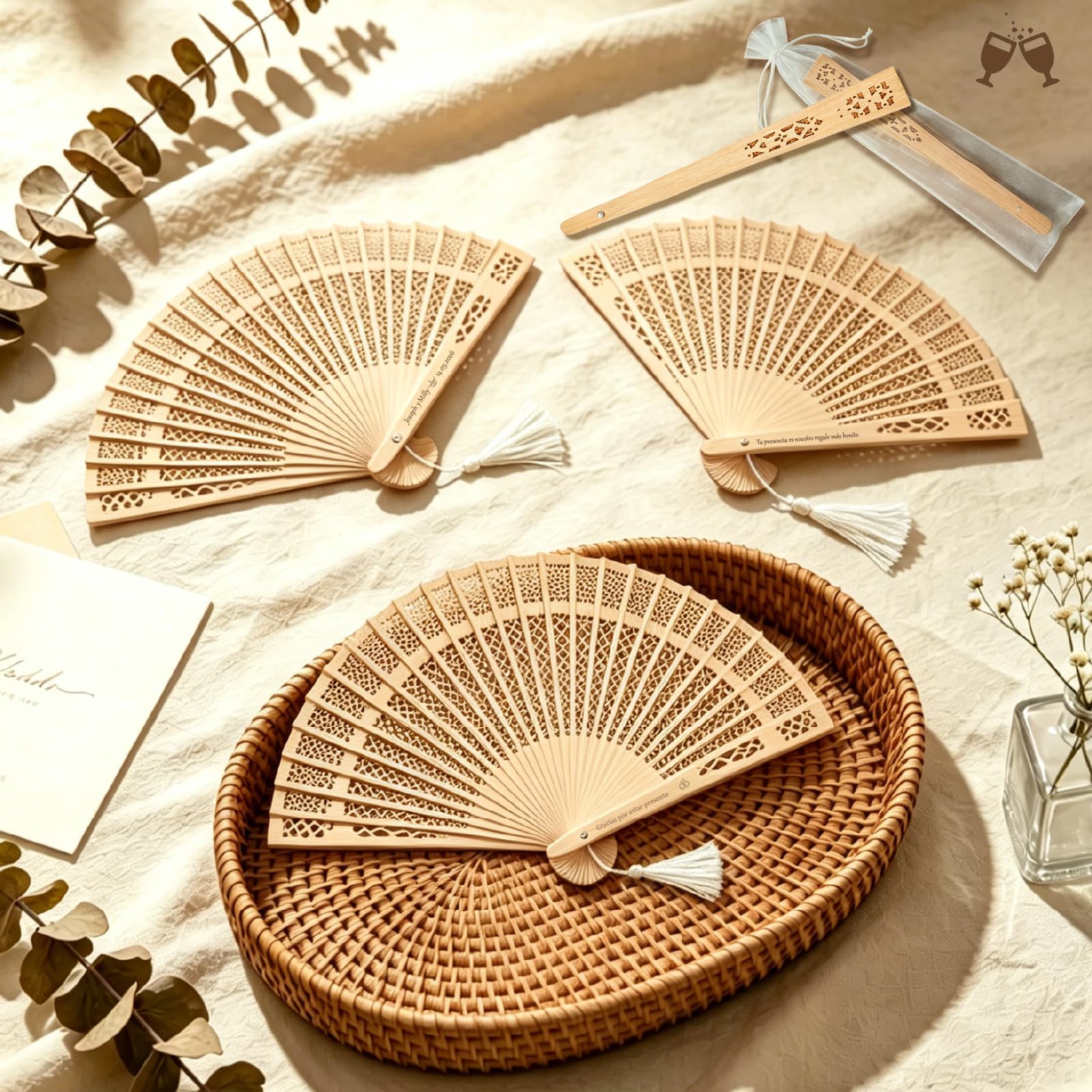 Abanicos Personalizados para Boda y Abanico Personalizado de Madera | Abanicos Plegables con Bolsas de Organza, Regalos Boda para Invitados en Lote, Ideales para Baby Shower, Cumpleaños y Fiestas