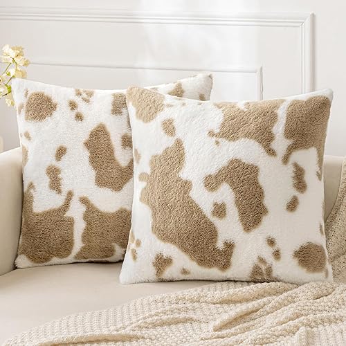 Miniatura 8 de Woaboy Paquete de 2 fundas de almohada de piel sintética de lujo de piel de vacuno decorativas suaves y esponjosas para sofá, sala de estar, sofá,