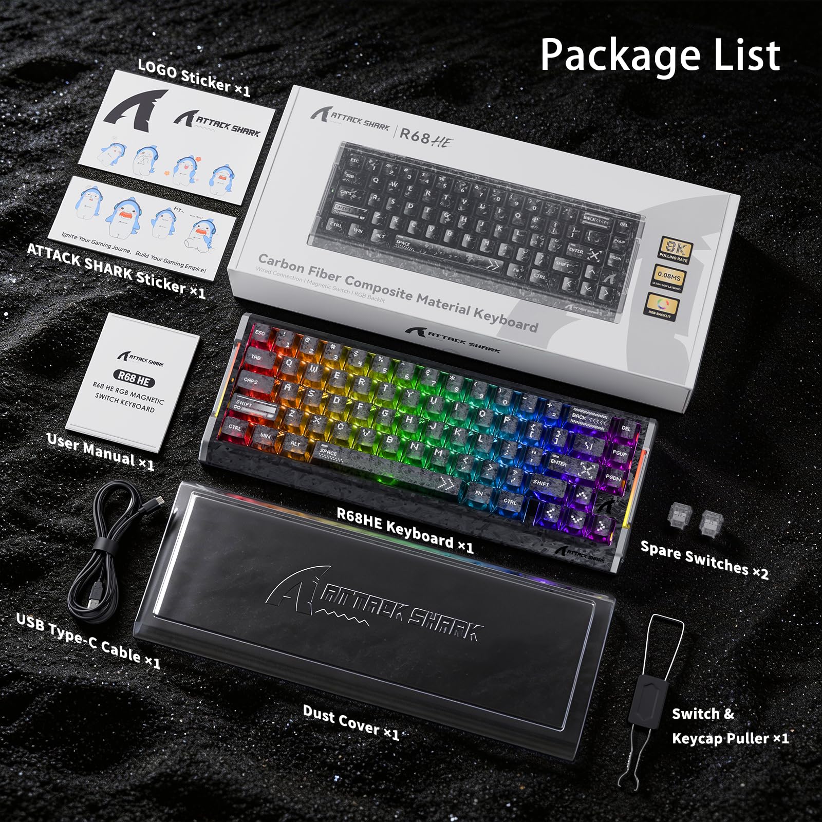MAMBASNAKE ATTACK SHARK R68 HE Carbon Fiber Rapid Trigger Keyboard, Wired 8KHz Magnetic Keyboard, 0.005mm RT Accuracy, Forged Carbon Fiber Keycaps, 6-Layer Acoustic Damping Stack, Dual Driver, Black