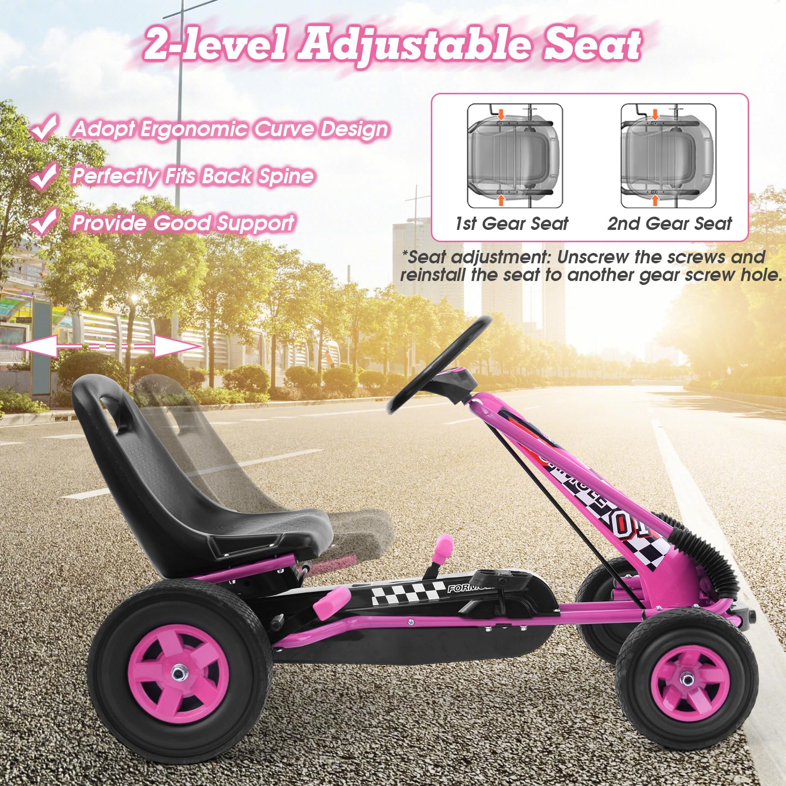 GOPLUS Kart à Pédales Enfants Siège Réglable 4 Roues Caoutchouc Plastique 3-8 Ans Rose