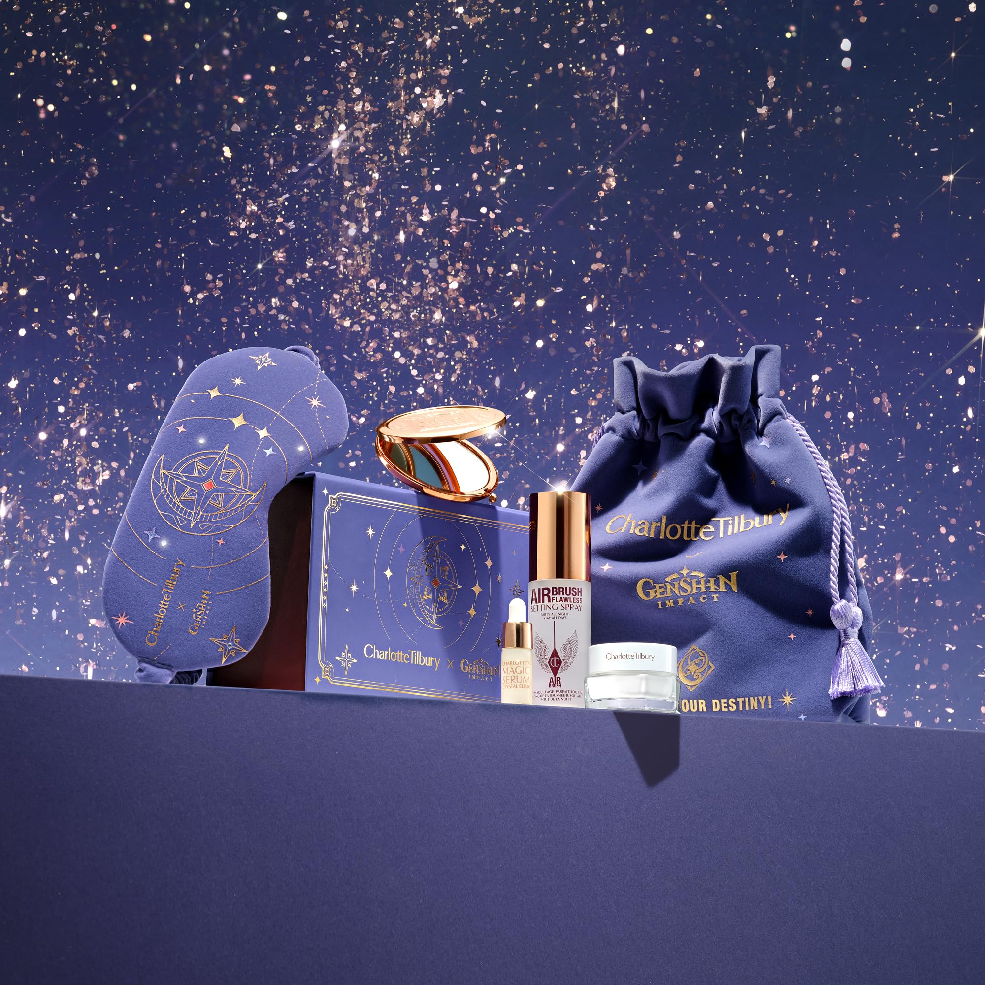 Charlotte Tilbury x Genshin Impact Starfell Treasure - Travel Size Skincare Kit - Magic Water Cream, Crystal Elixir, Setting Spray, Compact Mirror & Genshin Accessories - Pouch Included (6 Count)