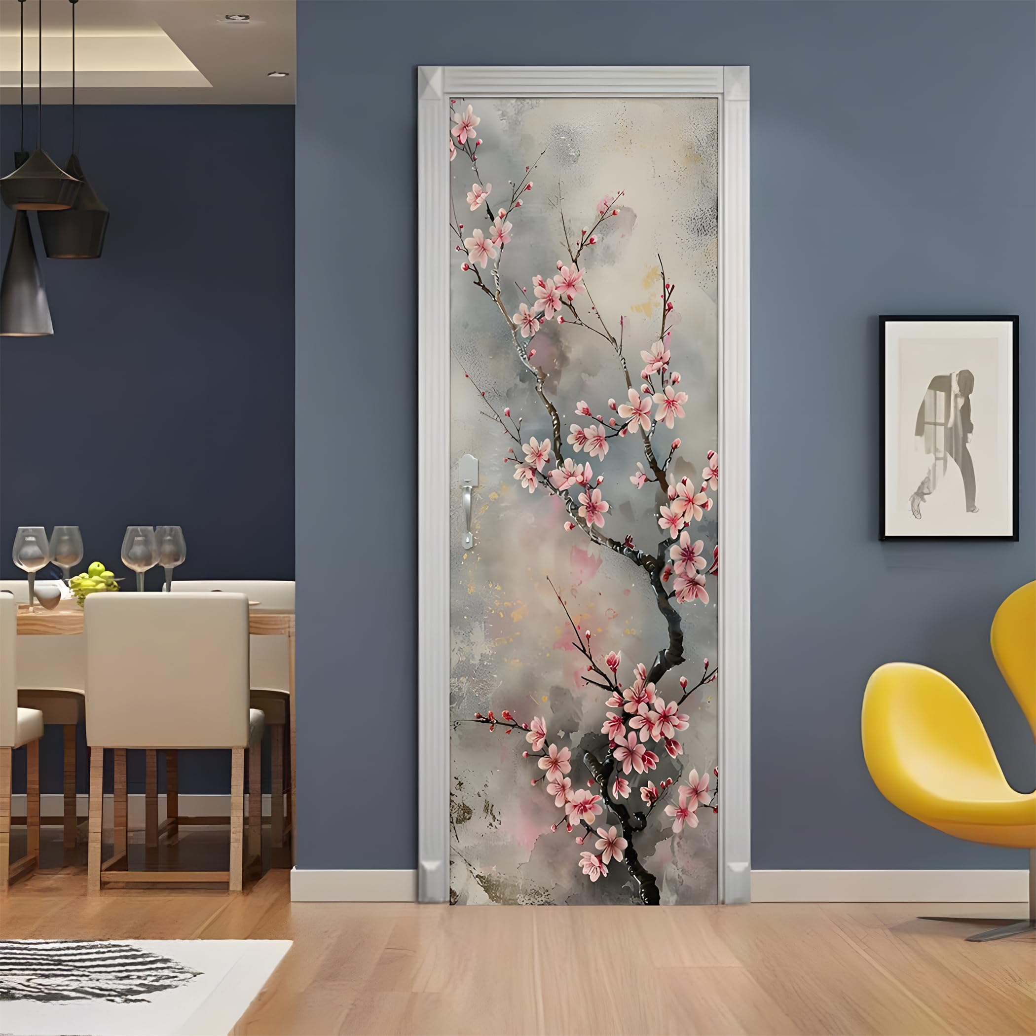 3D Adesivo per Porta 80x210 cm, Elegante Carta da Parati Autoadesiva per Porte Interne, Fiore di Prugno Arte Floreale, Decorazione per Camera da Letto, Soggiorno, Casa