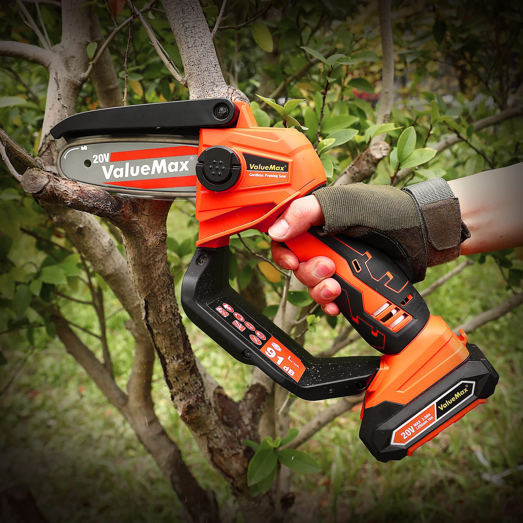 ValueMax Mini Motosega a Batteria da 20 V, con Batterie da 2,0 Ah, Motosega Elettrica a Batteria, Capacità di Taglio Massima di 11 cm, 3000 giri/min per Taglio del Legno, Potatura da Giardino