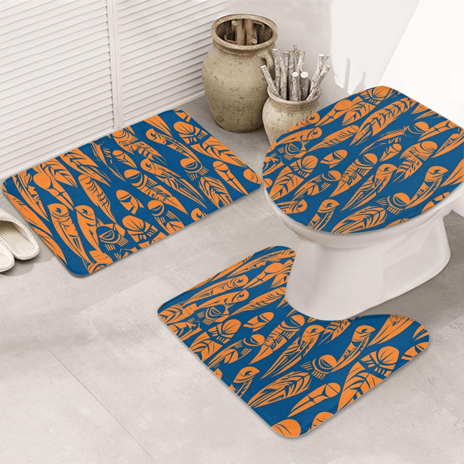 Tapis de toilette lavable et tapis de bain lot de 3 orange bleu