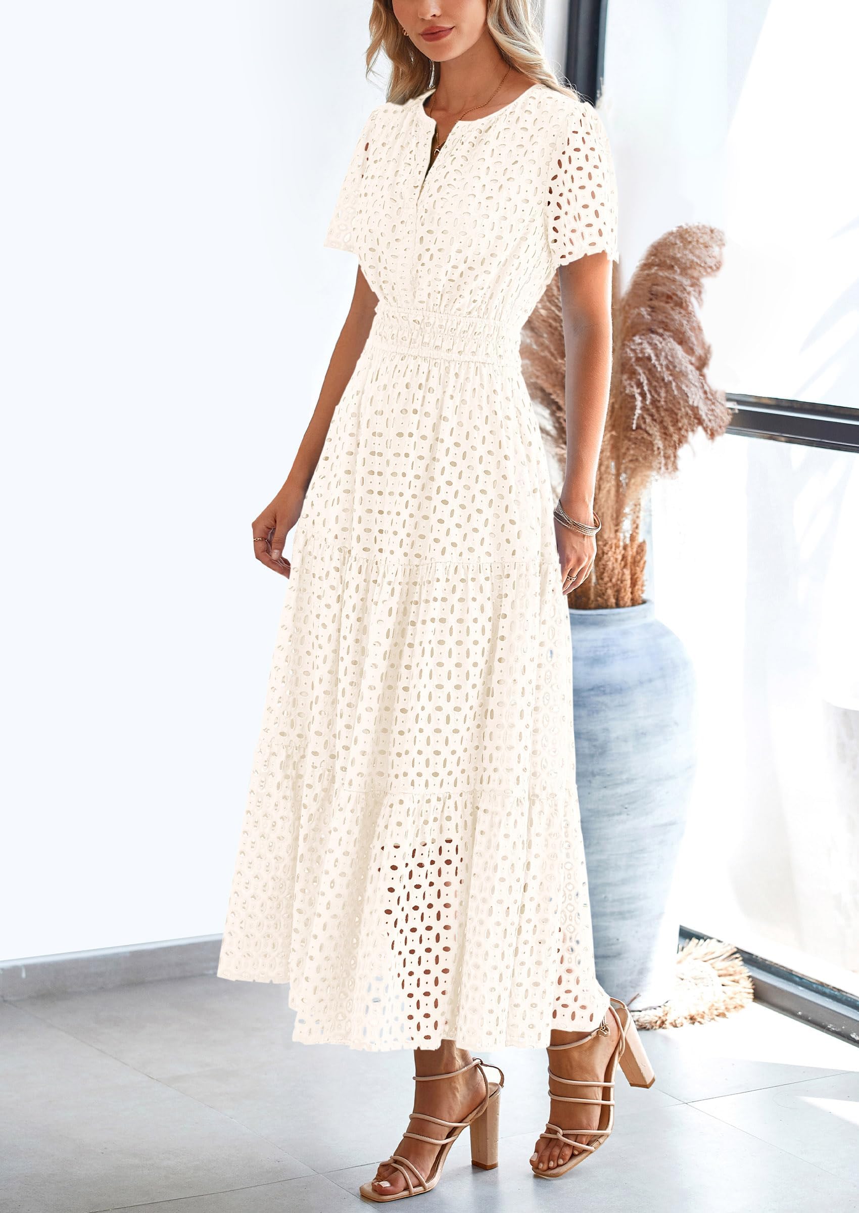 PRETTYGARDEN Womens 2026 Summer Maxi Dress Short Sleeve V Neck Hollow Out Eyelet A Line Long Flowy Beach Vacation Dresses: White Medium