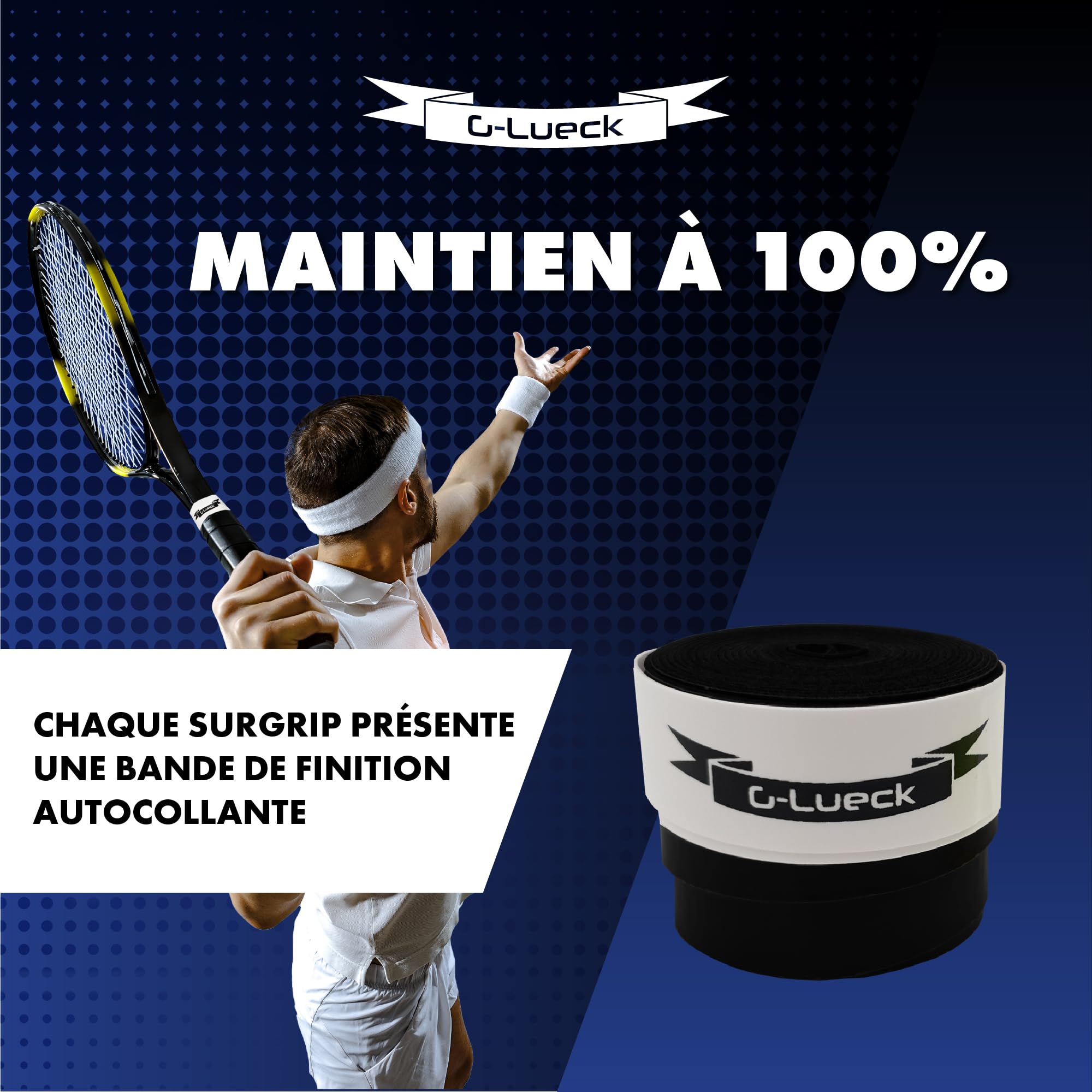 G-Lueck Surgrips Power Touch - Lot de 10 overgrips pour Raquette de Tennis Premium – Haute adhérence, Longue durée de Vie – 0,60 mm d'épaisseur | Antidérapants