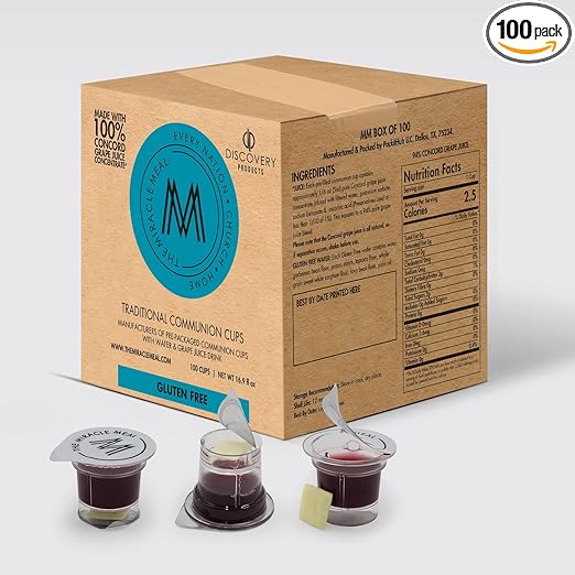 Pre Packaged Gluten Free Communion PLUS Cups | Box of 100 with Juice and Gluten Free Wafer