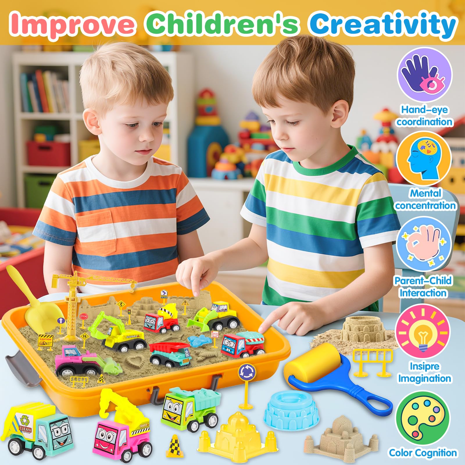 POWZOO Kit De Construction – 1kg De Sable Magique (2x500g) Avec 9 Voitures, 20 Panneaux, Châteaux, Grue Et Boîte De Rangement – Jouet Sensoriel Pour Enfants De 3 à 8 Ans
